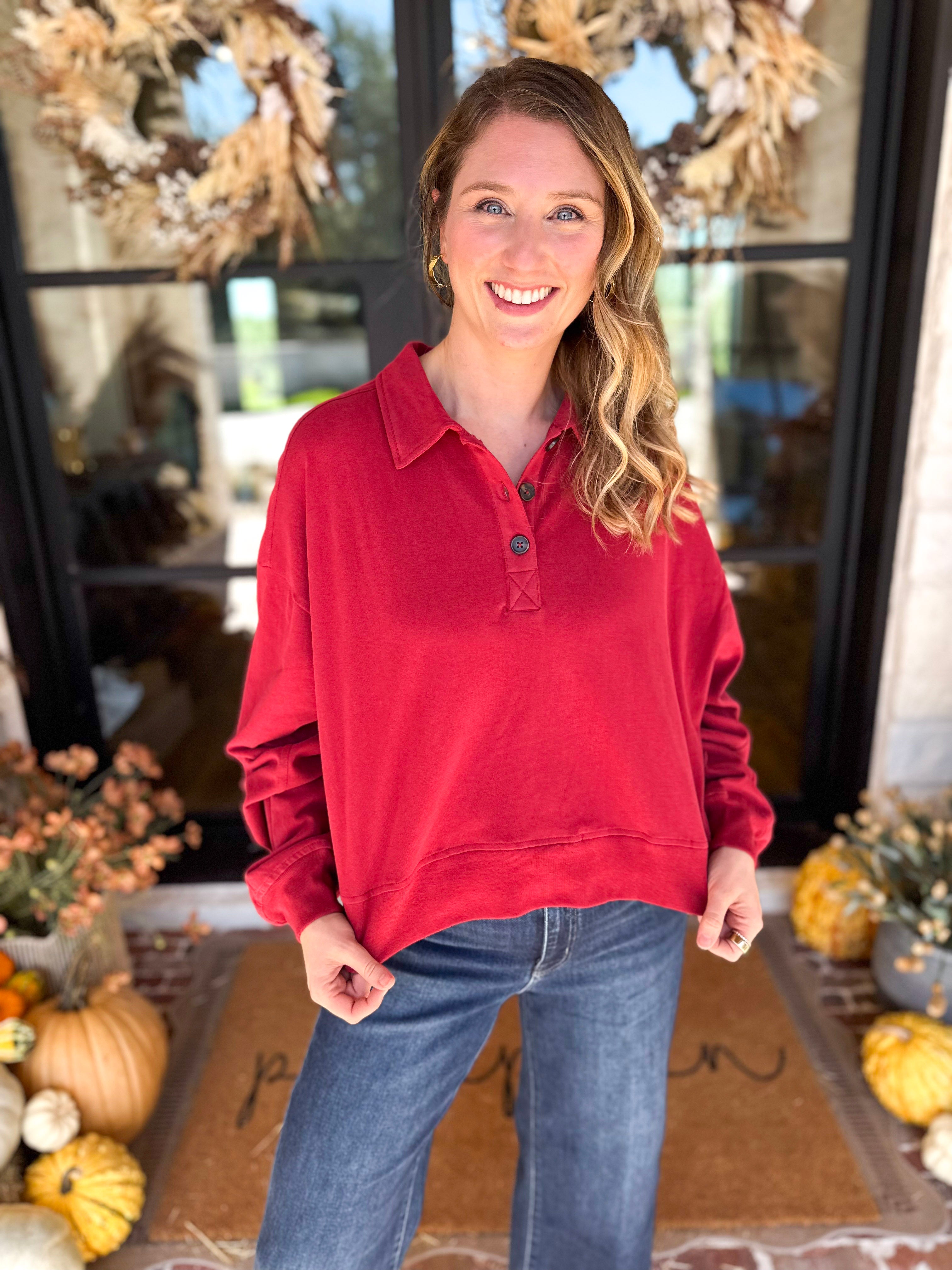PINK FRIDAY DOORBUSTERS - Henley Polo Top - Red - ONLINE - FINAL SALE-PINK FRIDAY DOORBUSTERS-DOUBLE ZERO-July & June Women's Fashion Boutique Located in San Antonio, Texas