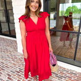 Current Air - Bold Red Blooms Midi Dress-500 Midi-CURRENT AIR CLOTHING-July & June Women's Fashion Boutique Located in San Antonio, Texas