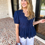Current Air - Navy Eyelet Blouse-200 Fashion Blouses-CURRENT AIR CLOTHING-July & June Women's Fashion Boutique Located in San Antonio, Texas