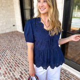 Current Air - Navy Eyelet Blouse-200 Fashion Blouses-CURRENT AIR CLOTHING-July & June Women's Fashion Boutique Located in San Antonio, Texas