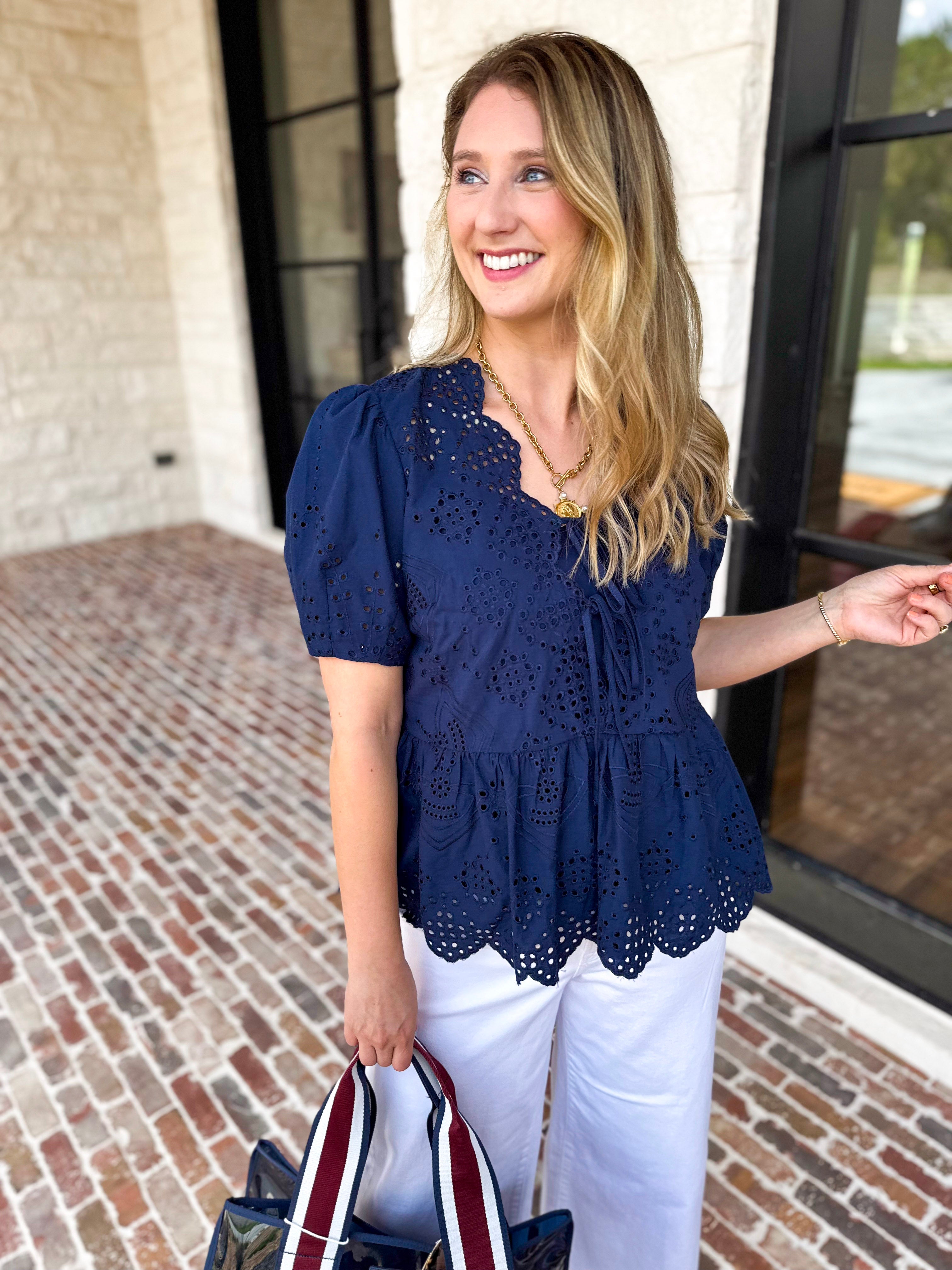 Current Air - Navy Eyelet Blouse-200 Fashion Blouses-CURRENT AIR CLOTHING-July & June Women's Fashion Boutique Located in San Antonio, Texas