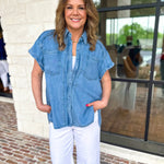 Denim Tencel Button Down Blouse-200 Fashion Blouses-RAE MODE-July & June Women's Fashion Boutique Located in San Antonio, Texas