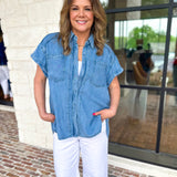 Denim Tencel Button Down Blouse-200 Fashion Blouses-RAE MODE-July & June Women's Fashion Boutique Located in San Antonio, Texas