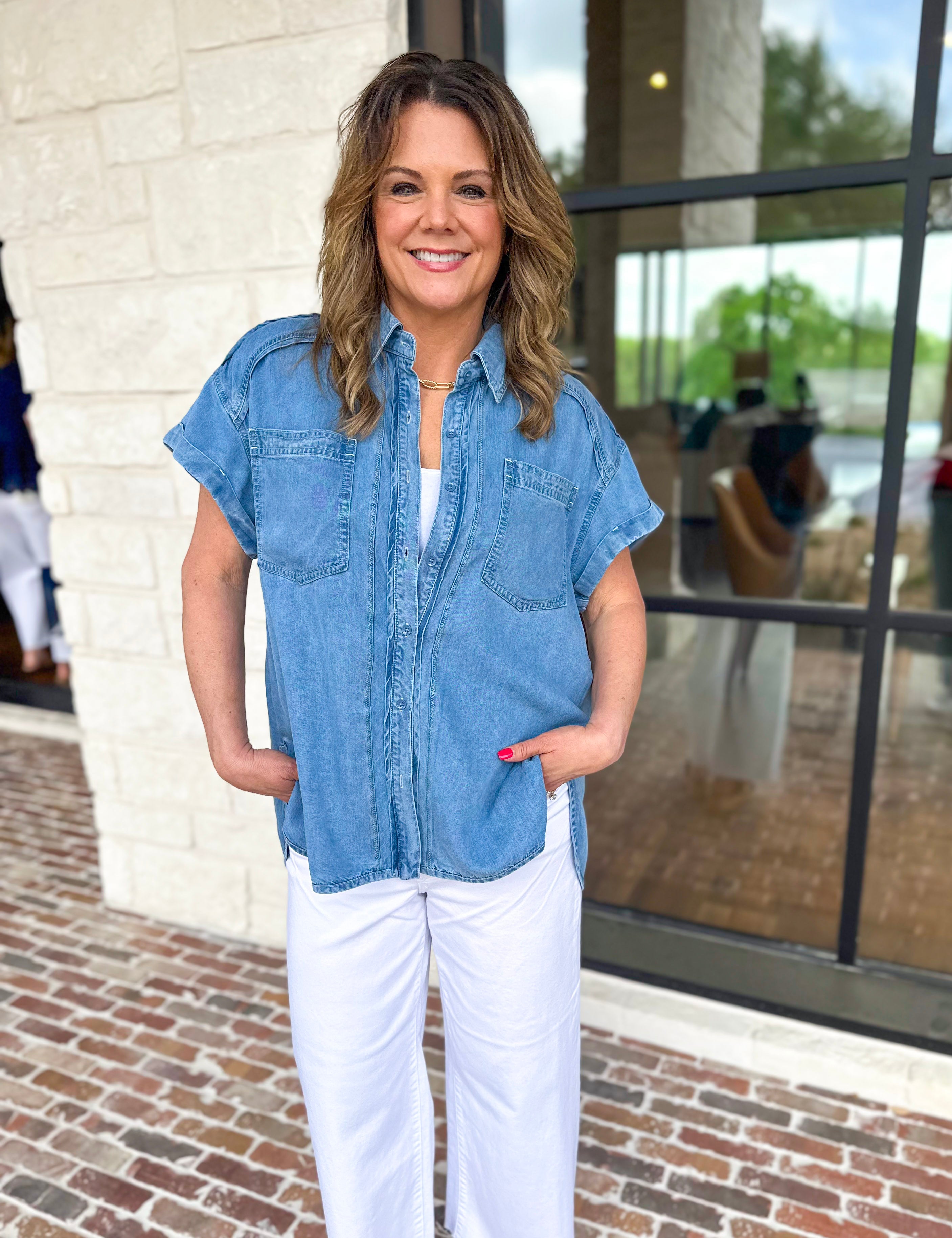 Denim Tencel Button Down Blouse-200 Fashion Blouses-RAE MODE-July & June Women's Fashion Boutique Located in San Antonio, Texas