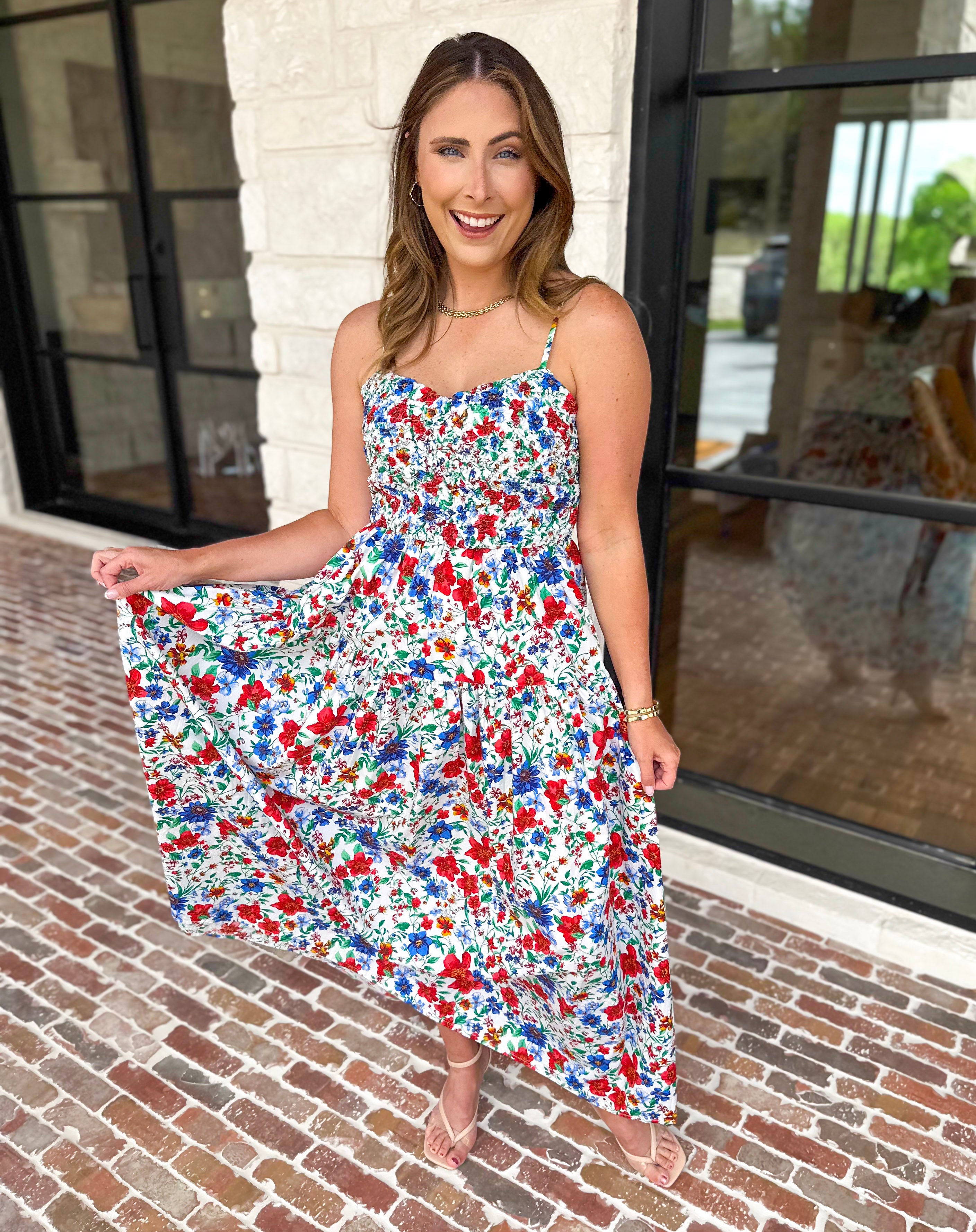 Summer In Bloom Midi Dress-500 Midi-SKIES ARE BLUE-July & June Women's Fashion Boutique Located in San Antonio, Texas