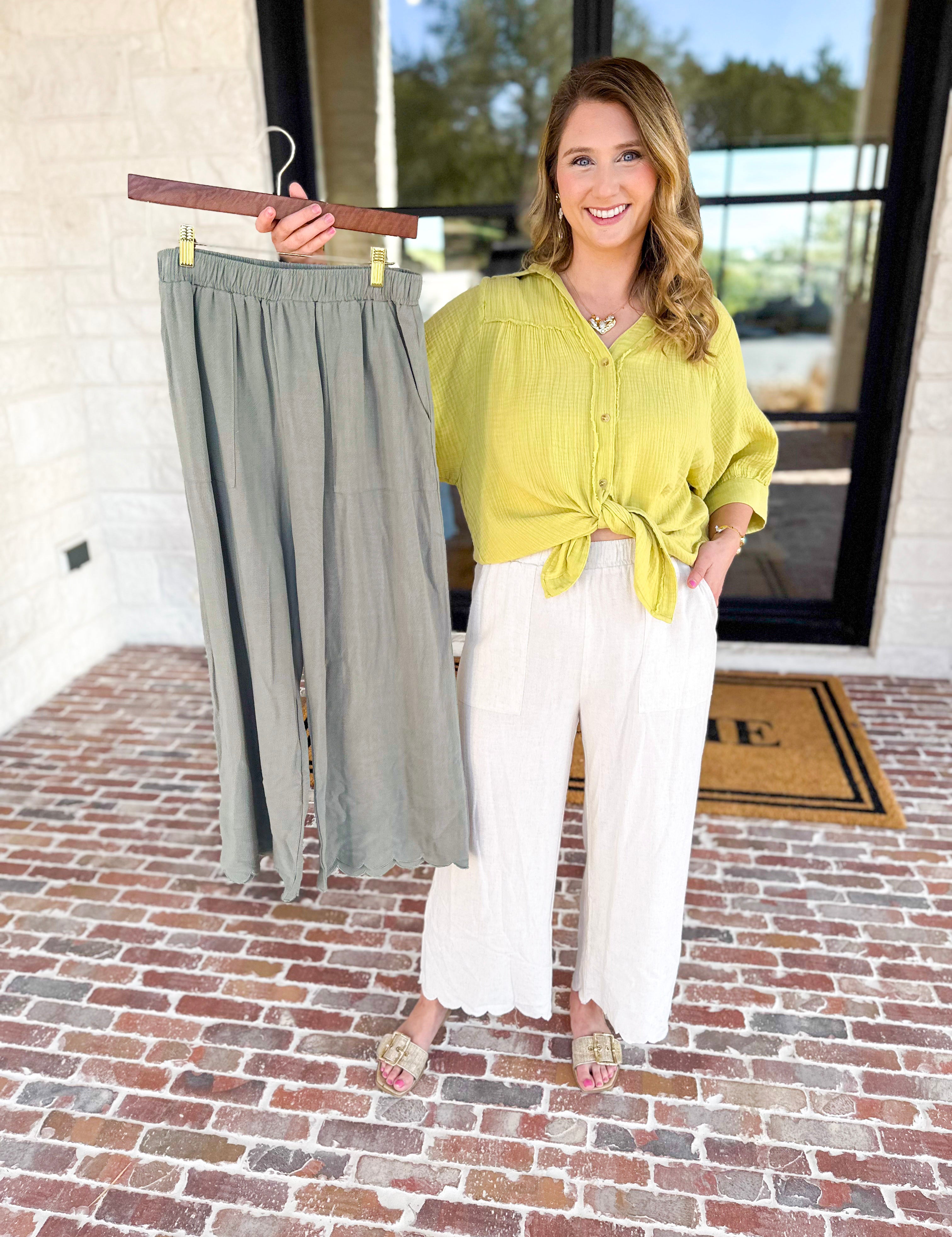 Linen Scalloped Pants - Natural-400 Pants-ALLIE ROSE-July & June Women's Fashion Boutique Located in San Antonio, Texas