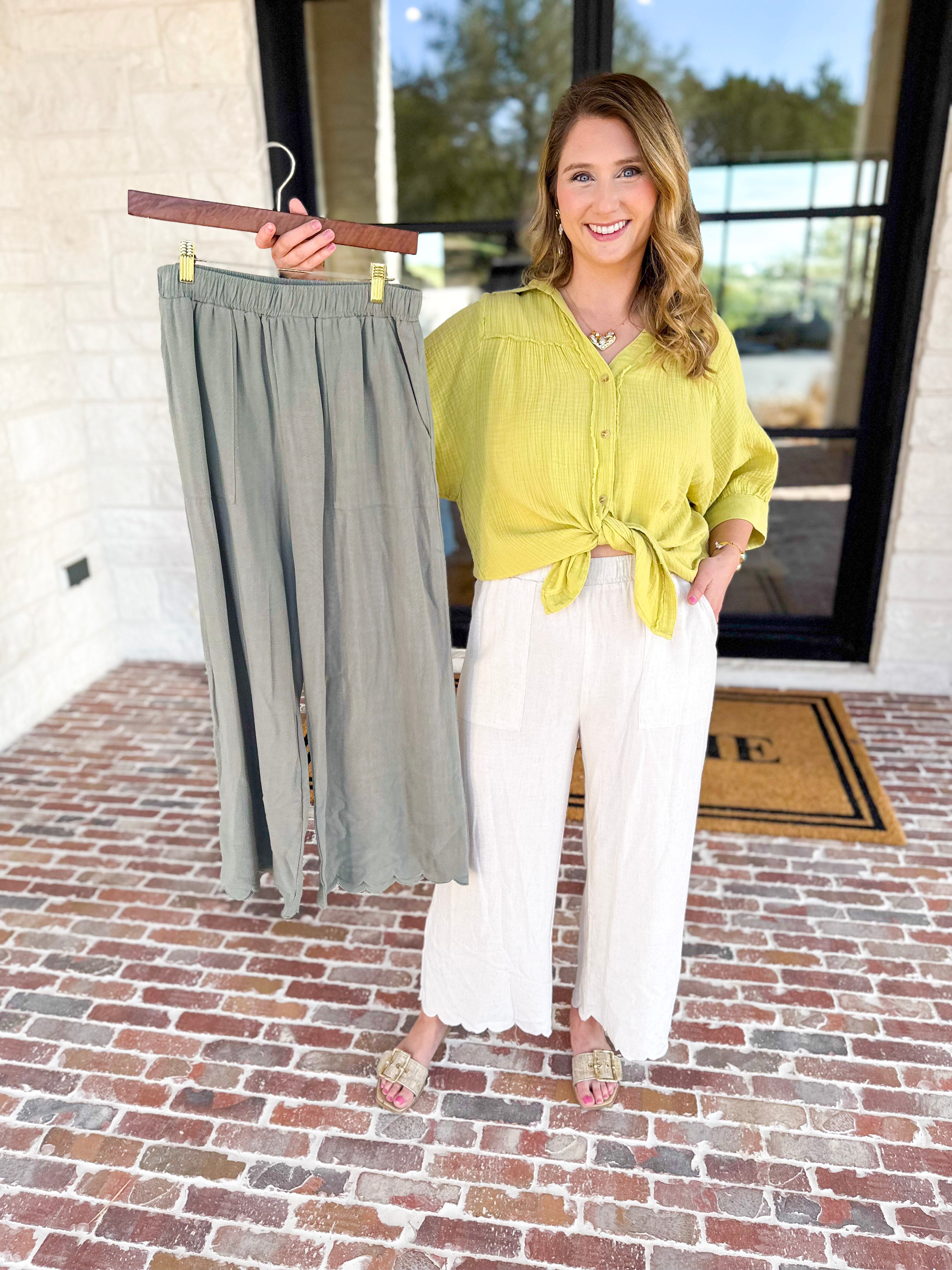 Linen Scalloped Pants - Natural-400 Pants-ALLIE ROSE-July & June Women's Fashion Boutique Located in San Antonio, Texas