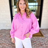 Pink Pinstripe Button Down Blouse-200 Fashion Blouses-FATE-July & June Women's Fashion Boutique Located in San Antonio, Texas