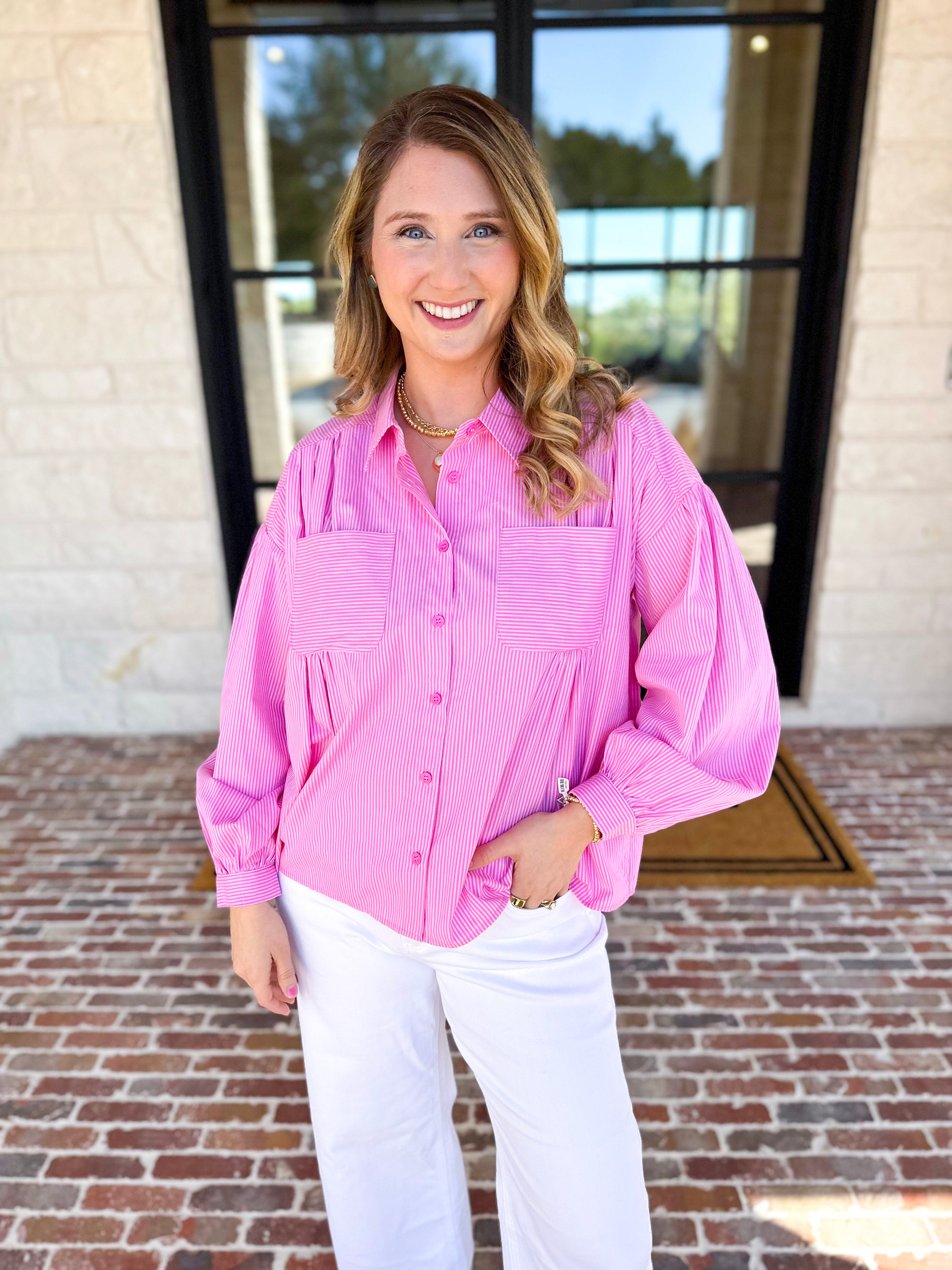 Pink Pinstripe Button Down Blouse-200 Fashion Blouses-FATE-July & June Women's Fashion Boutique Located in San Antonio, Texas