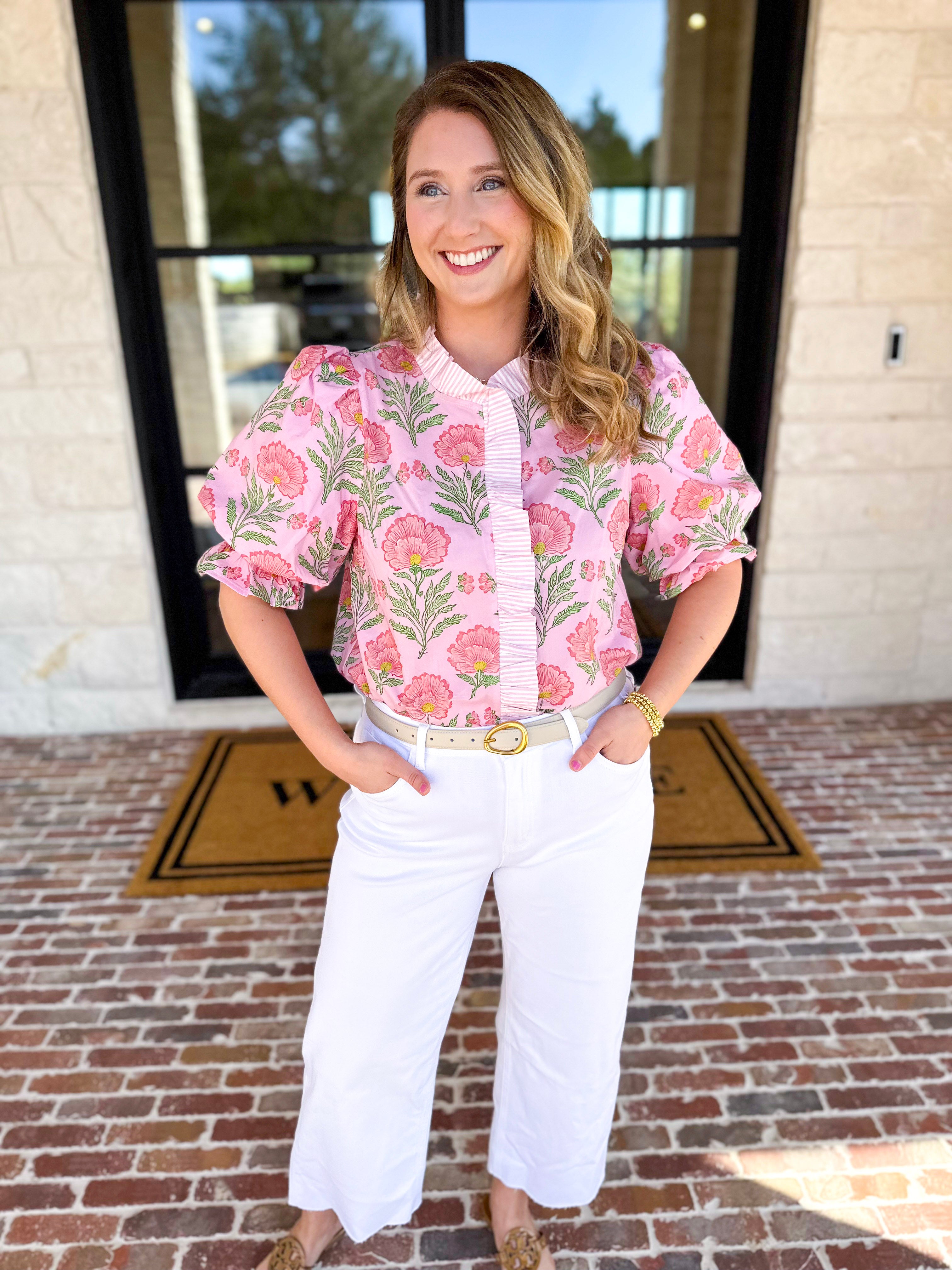 Floral Fun Blouse - Pink-200 Fashion Blouses-ENTRO-July & June Women's Fashion Boutique Located in San Antonio, Texas