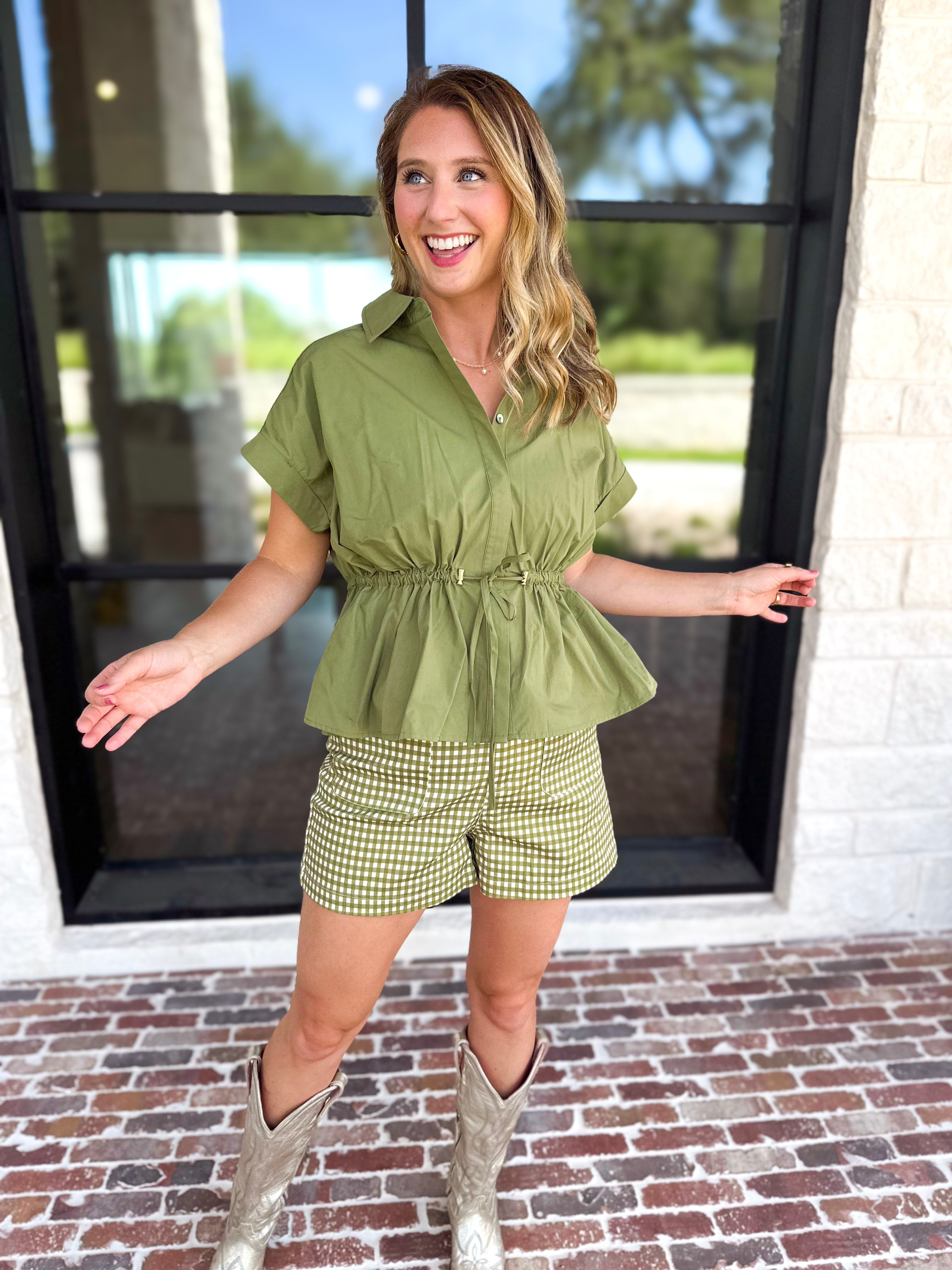 Cinch Waist Blouse - Olive-200 Fashion Blouses-ENTRO-July & June Women's Fashion Boutique Located in San Antonio, Texas