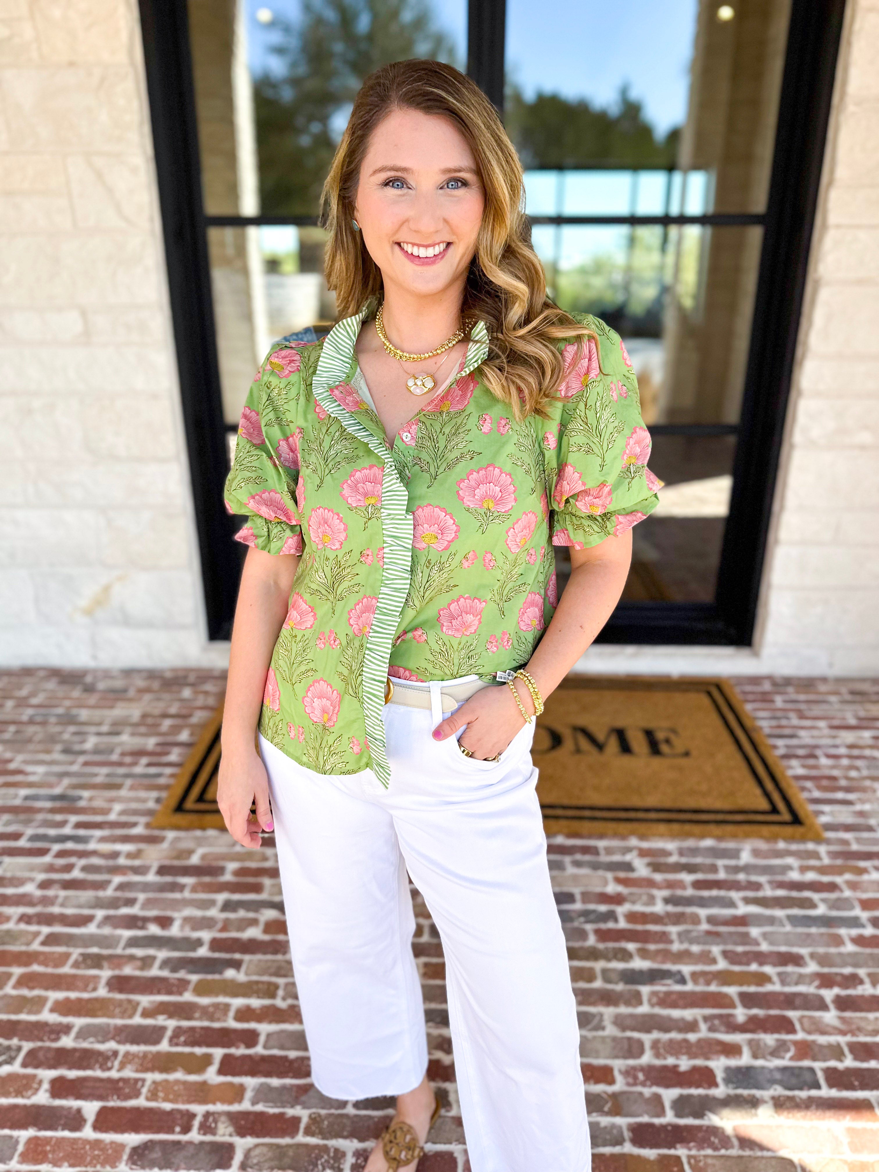 Floral Fun Blouse - Matcha-200 Fashion Blouses-ENTRO-July & June Women's Fashion Boutique Located in San Antonio, Texas