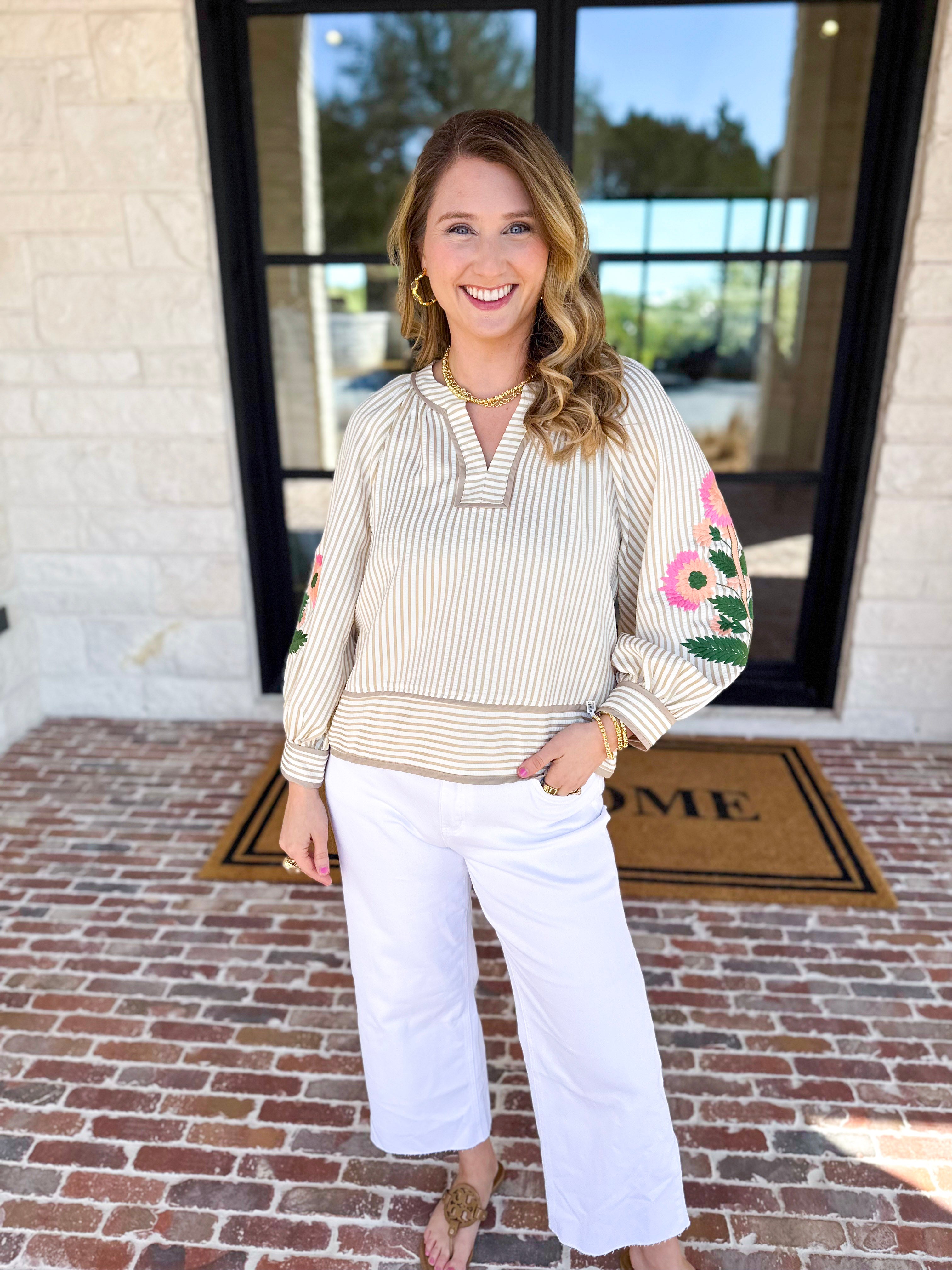 Soft Stripe Embroidered Blouse - Neutral-200 Fashion Blouses-ENTRO-July & June Women's Fashion Boutique Located in San Antonio, Texas
