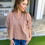 August Gingham Blouse - Golden Tan-200 Fashion Blouses-OLIVACEOUS-July & June Women's Fashion Boutique Located in San Antonio, Texas
