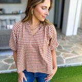 August Gingham Blouse - Golden Tan-200 Fashion Blouses-OLIVACEOUS-July & June Women's Fashion Boutique Located in San Antonio, Texas
