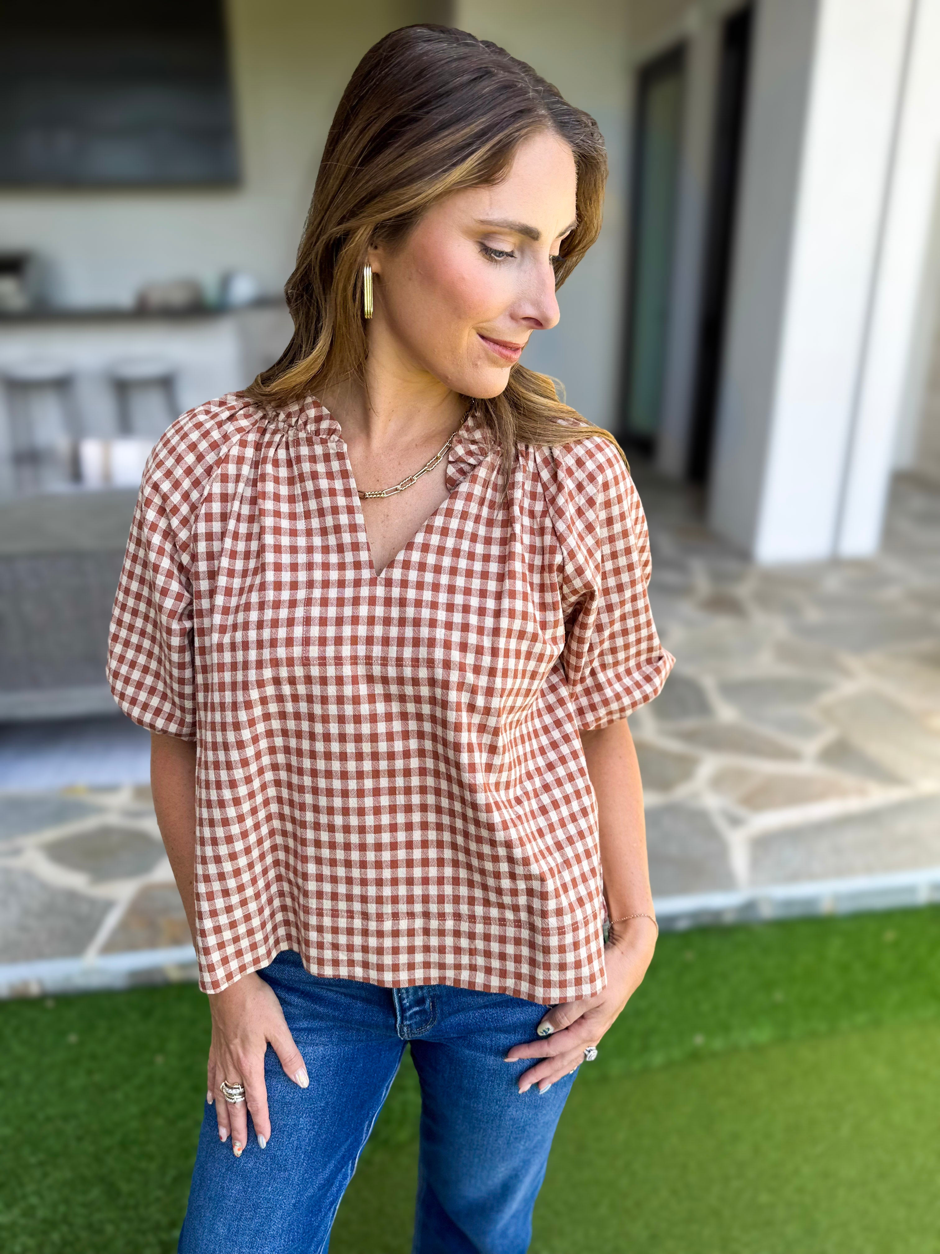 August Gingham Blouse - Golden Tan-200 Fashion Blouses-OLIVACEOUS-July & June Women's Fashion Boutique Located in San Antonio, Texas