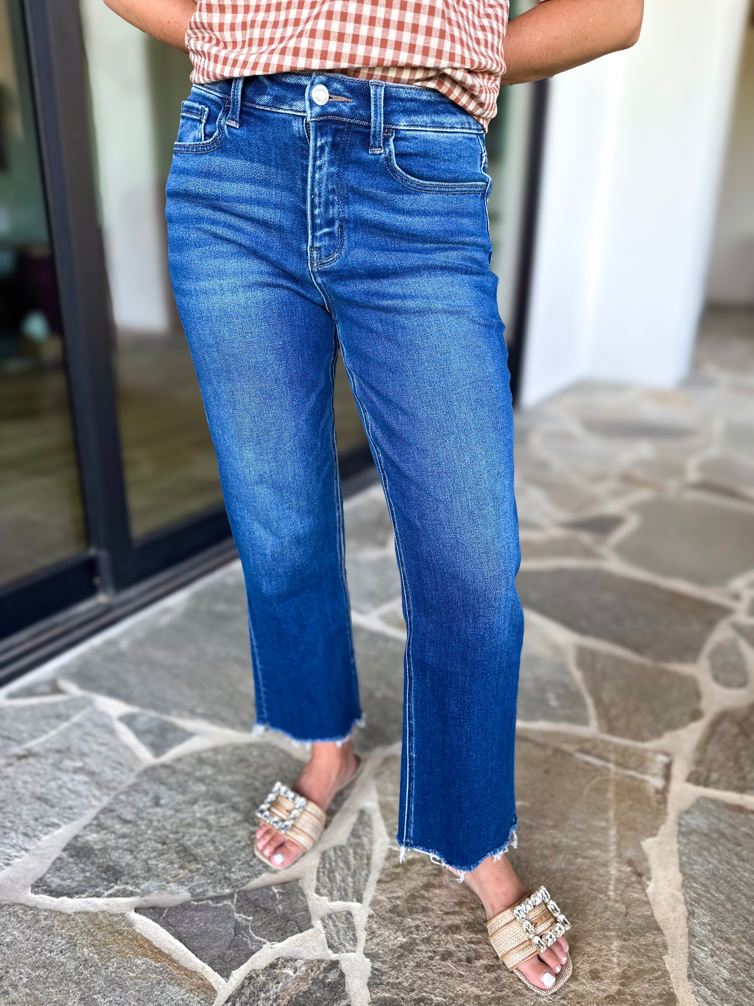 Vervet - High Rise Cropped Dark Wash Straight Leg Jeans-420 Denim-VEVERT BY FLYING MONKEY-July & June Women's Fashion Boutique Located in San Antonio, Texas