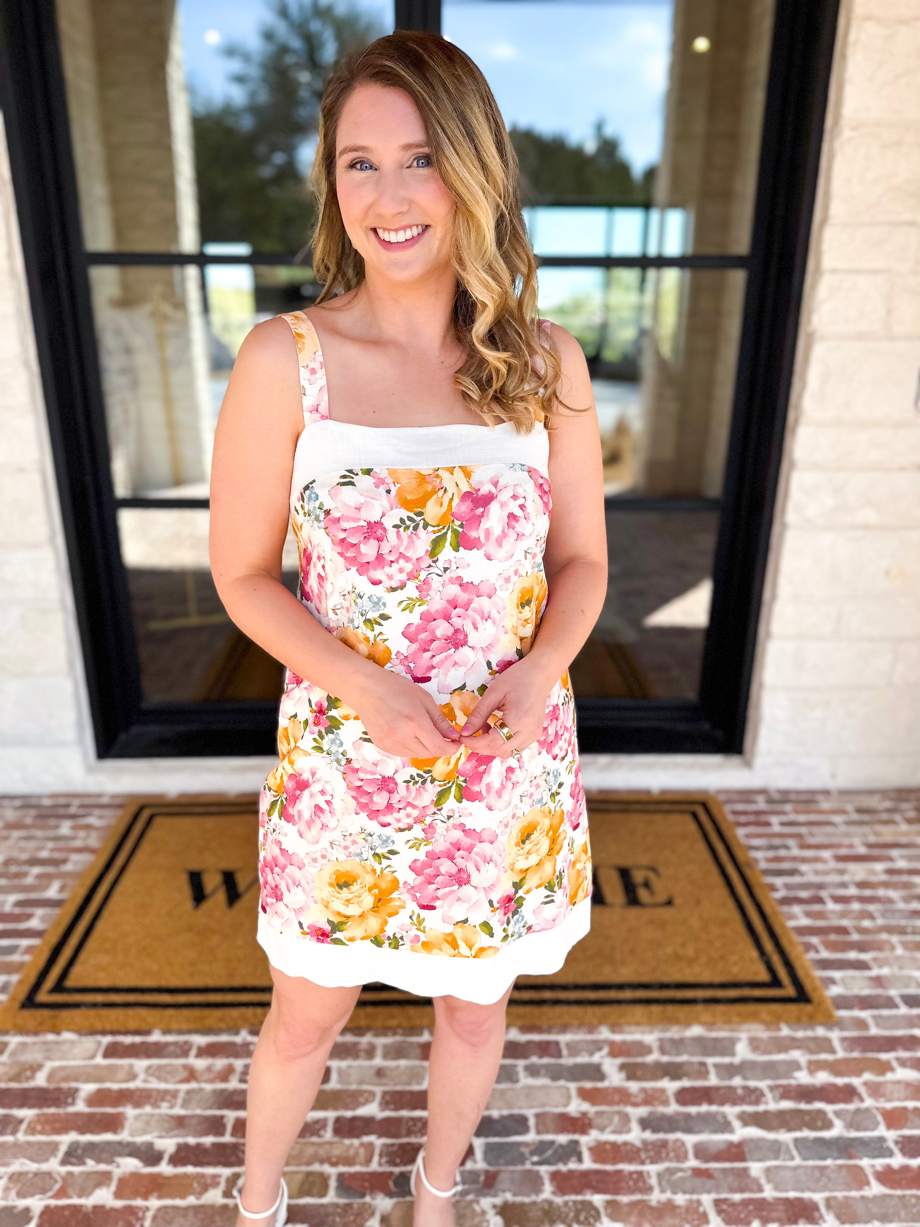Cream & Floral Scalloped Mini Dress-510 Mini-FATE-July & June Women's Fashion Boutique Located in San Antonio, Texas