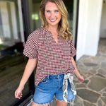 August Gingham Blouse - Maroon-200 Fashion Blouses-OLIVACEOUS-July & June Women's Fashion Boutique Located in San Antonio, Texas