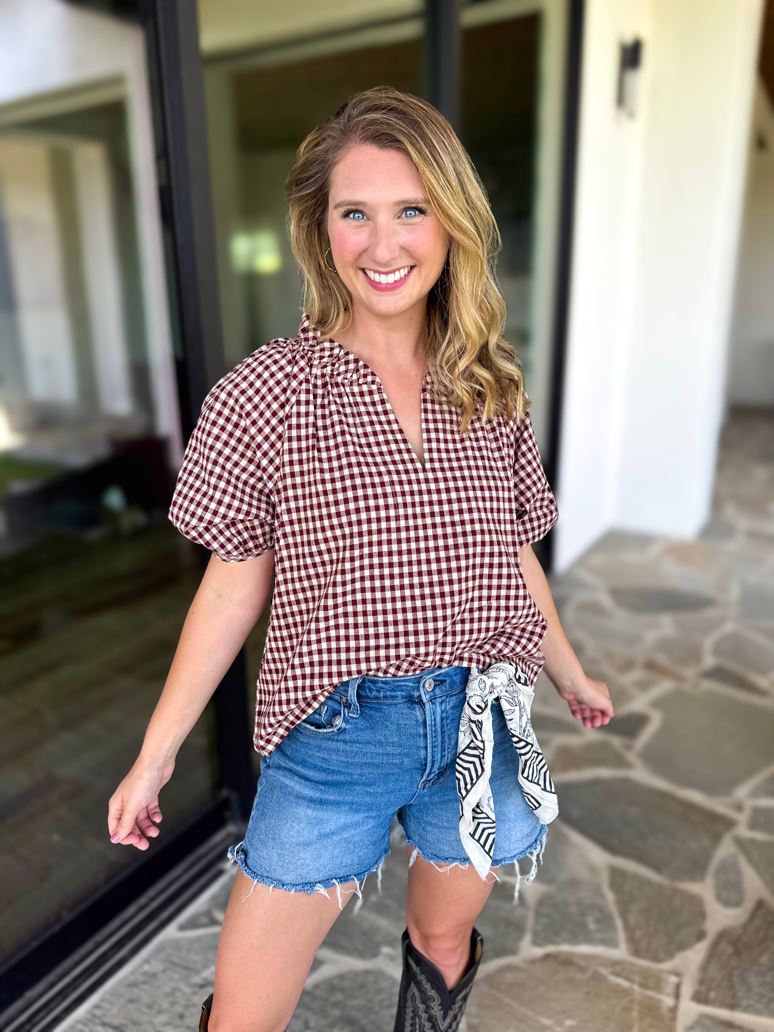 August Gingham Blouse - Maroon-200 Fashion Blouses-OLIVACEOUS-July & June Women's Fashion Boutique Located in San Antonio, Texas