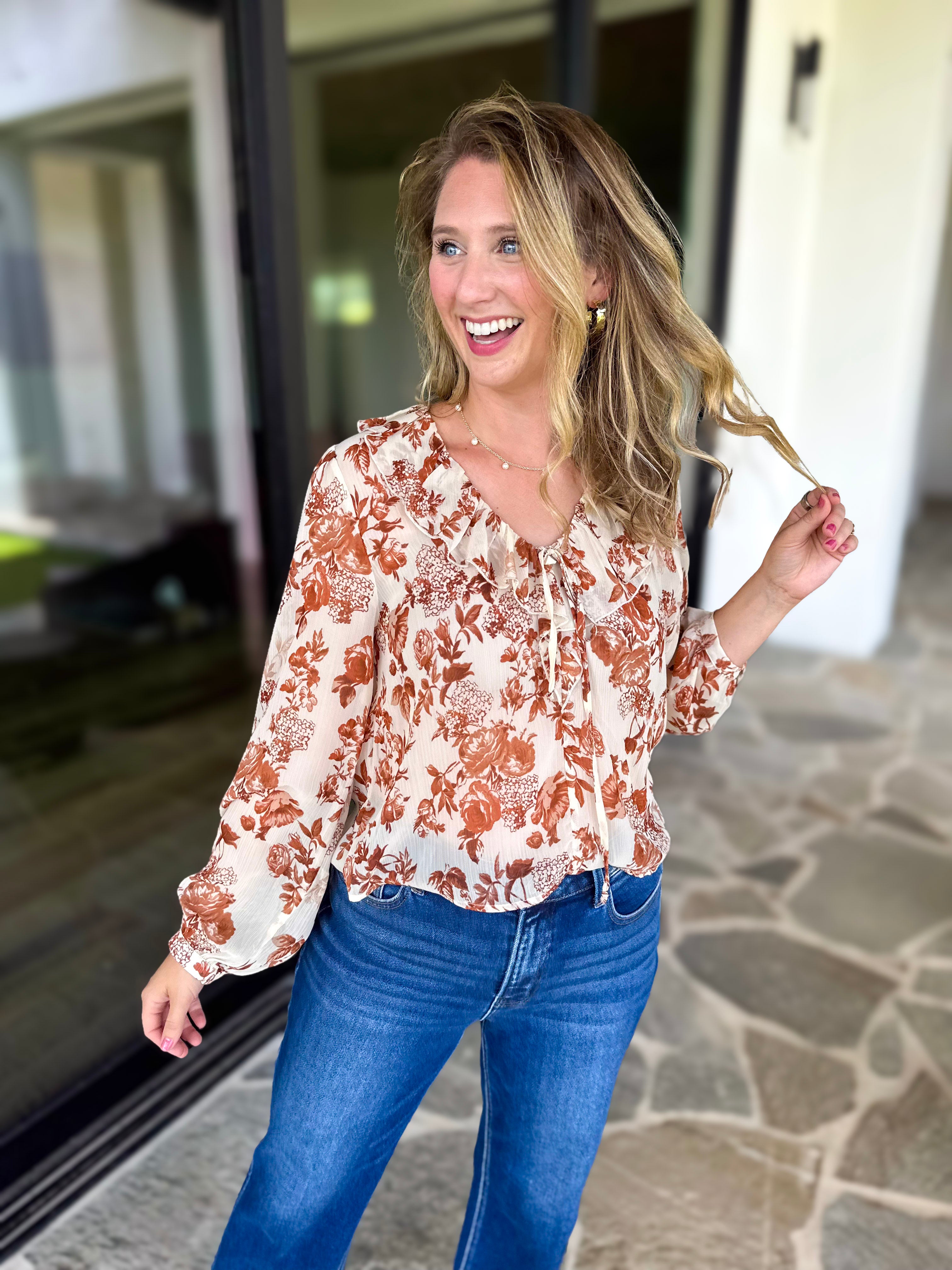 Verona Floral Blouse-200 Fashion Blouses-OLIVACEOUS-July & June Women's Fashion Boutique Located in San Antonio, Texas