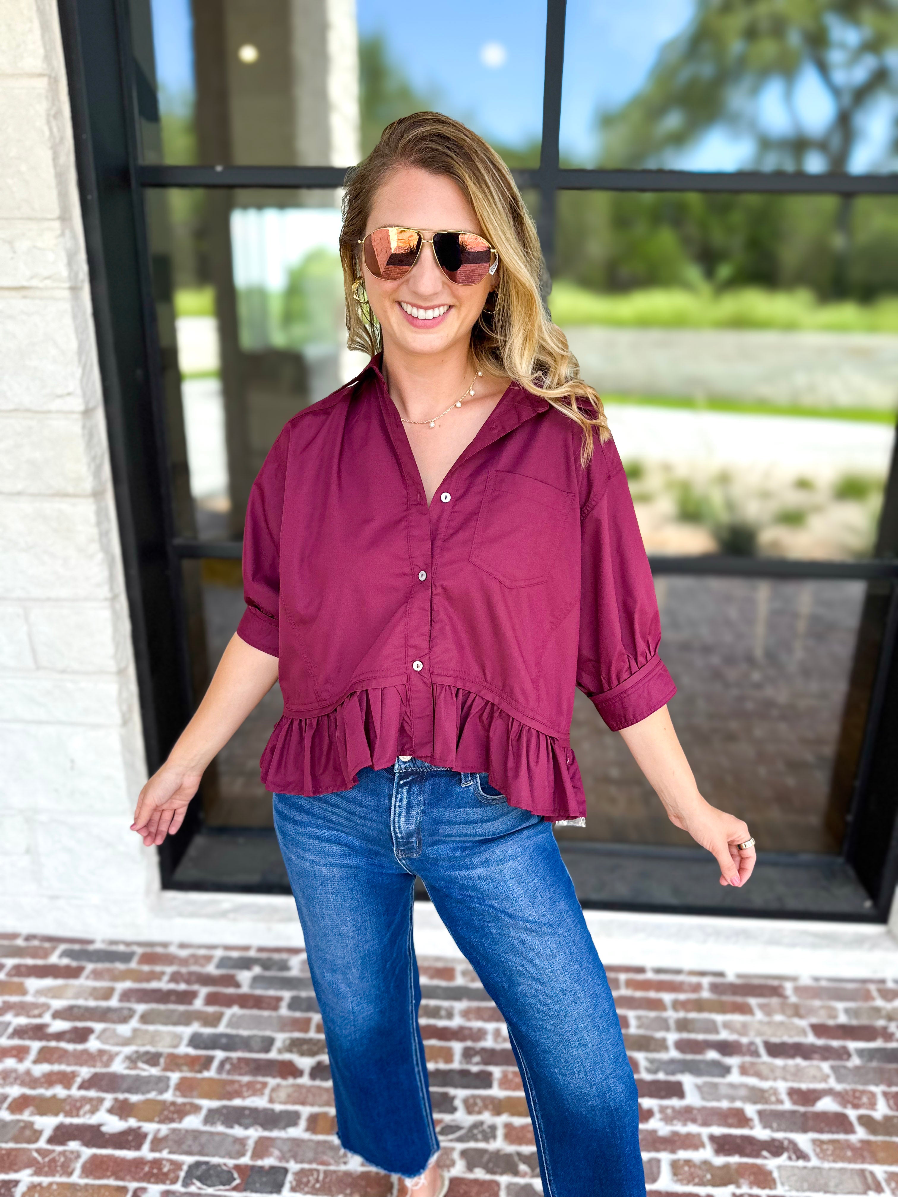 Effortless Ruffle Hem Blouse - Maroon-200 Fashion Blouses-ENTRO-July & June Women's Fashion Boutique Located in San Antonio, Texas