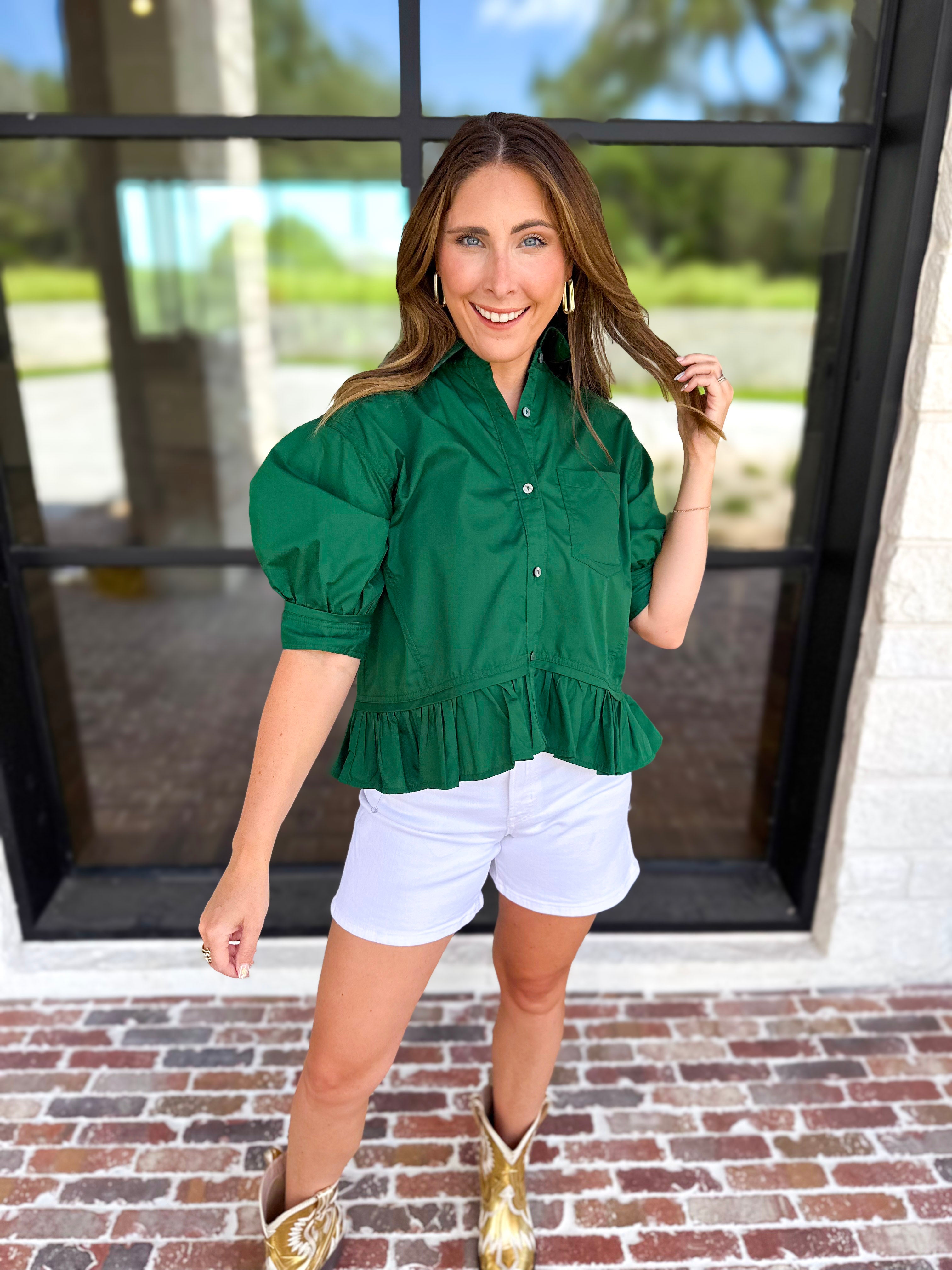 Effortless Ruffle Hem Blouse - Hunter Green-200 Fashion Blouses-ENTRO-July & June Women's Fashion Boutique Located in San Antonio, Texas