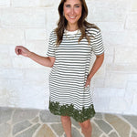 Stripes & Lace Shift Dress - Olive & Cream-510 Mini-ENTRO-July & June Women's Fashion Boutique Located in San Antonio, Texas