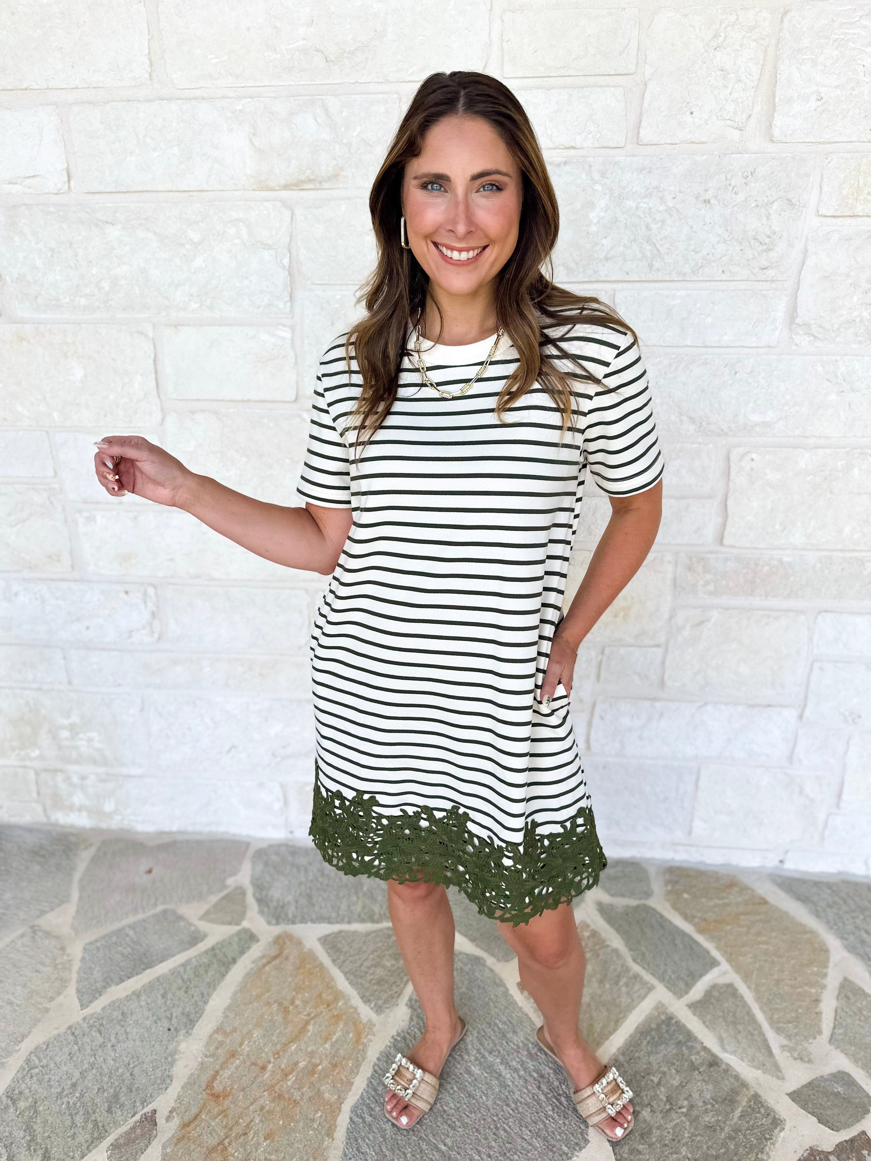Stripes & Lace Shift Dress - Olive & Cream-510 Mini-ENTRO-July & June Women's Fashion Boutique Located in San Antonio, Texas