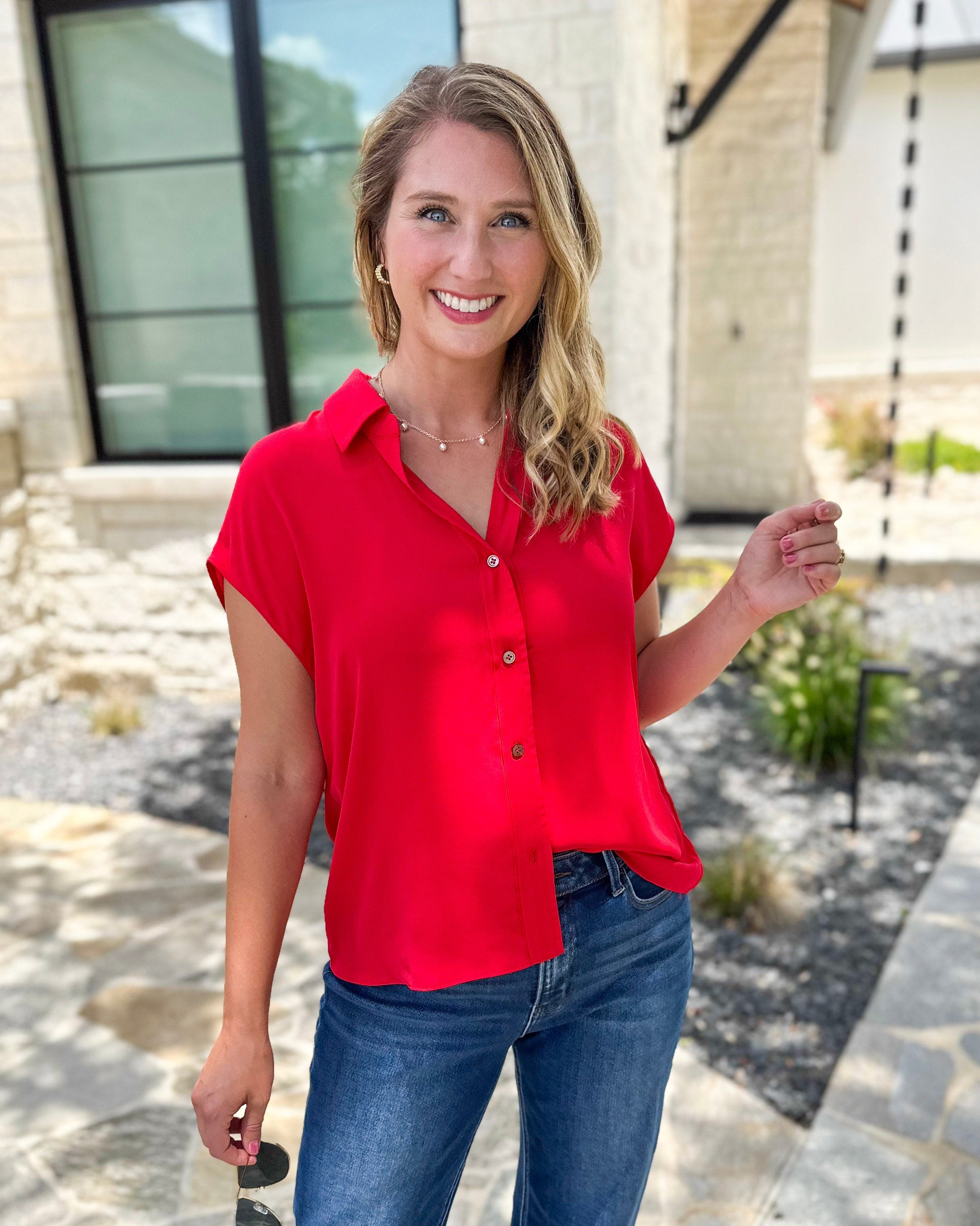Current Air - Classic Button Down Blouse - Red-200 Fashion Blouses-CURRENT AIR CLOTHING-July & June Women's Fashion Boutique Located in San Antonio, Texas