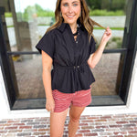 Cinch Waist Blouse - Black-200 Fashion Blouses-ENTRO-July & June Women's Fashion Boutique Located in San Antonio, Texas