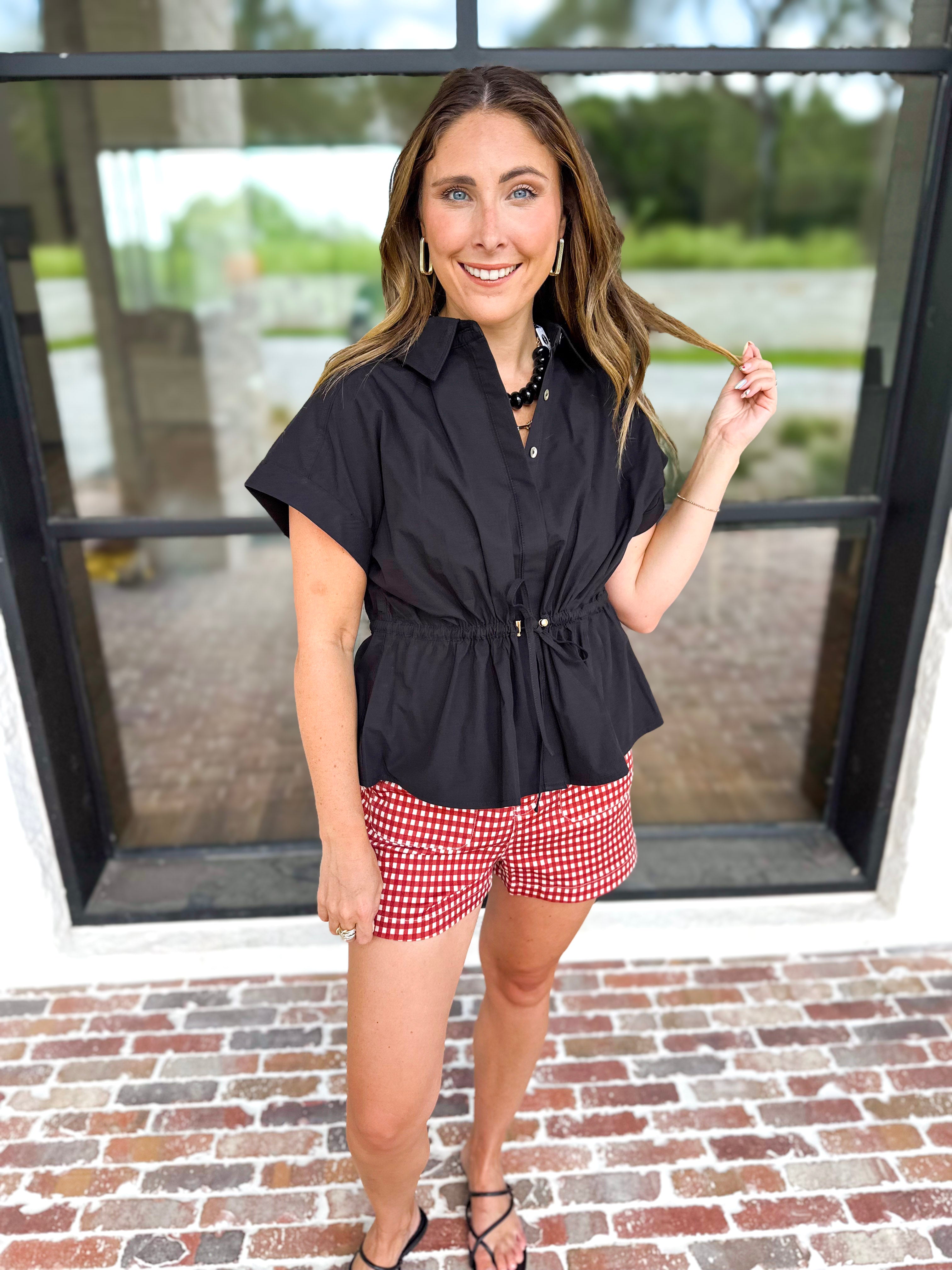 Cinch Waist Blouse - Black-200 Fashion Blouses-ENTRO-July & June Women's Fashion Boutique Located in San Antonio, Texas