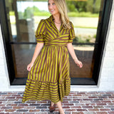 Color Drench Striped Midi Dress - Martini Olive-500 Midi-ENTRO-July & June Women's Fashion Boutique Located in San Antonio, Texas