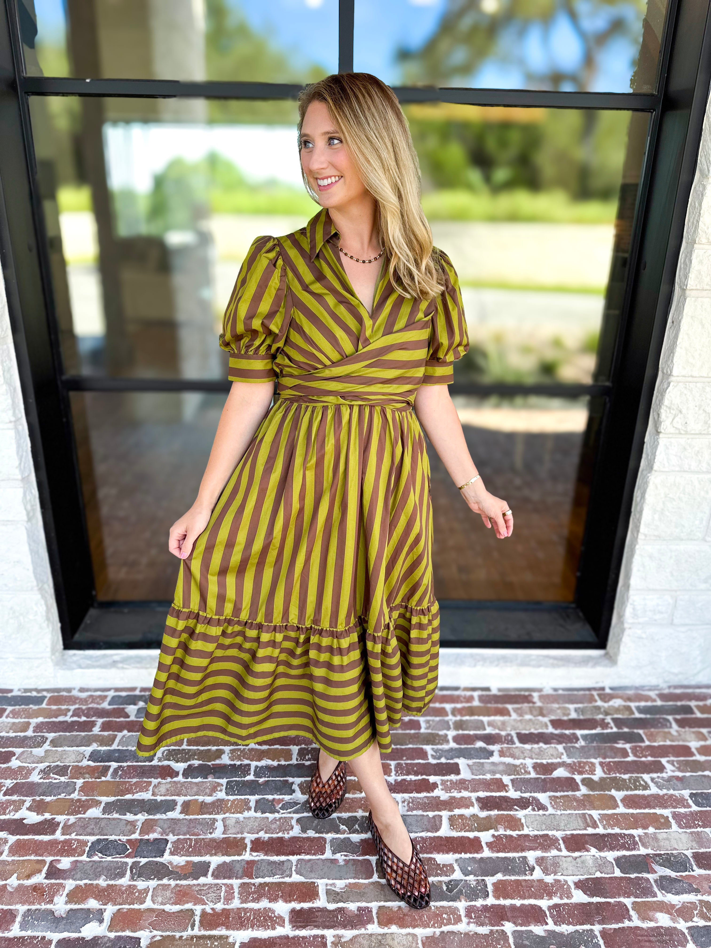Color Drench Striped Midi Dress - Martini Olive-500 Midi-ENTRO-July & June Women's Fashion Boutique Located in San Antonio, Texas