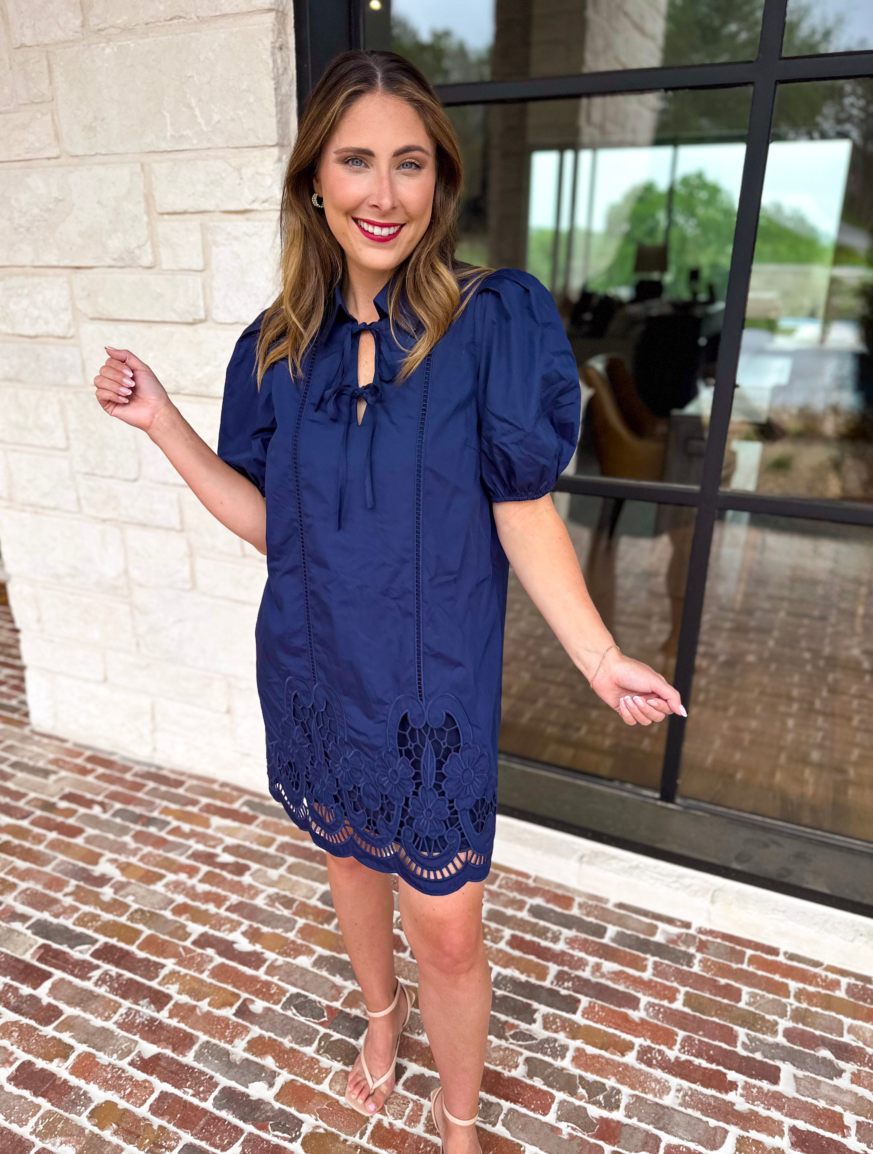 Flirty Embroidered Mini Dress - Navy-510 Mini-ENTRO-July & June Women's Fashion Boutique Located in San Antonio, Texas