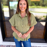 Living Life Gingham Top - Matcha-200 Fashion Blouses-ENTRO-July & June Women's Fashion Boutique Located in San Antonio, Texas