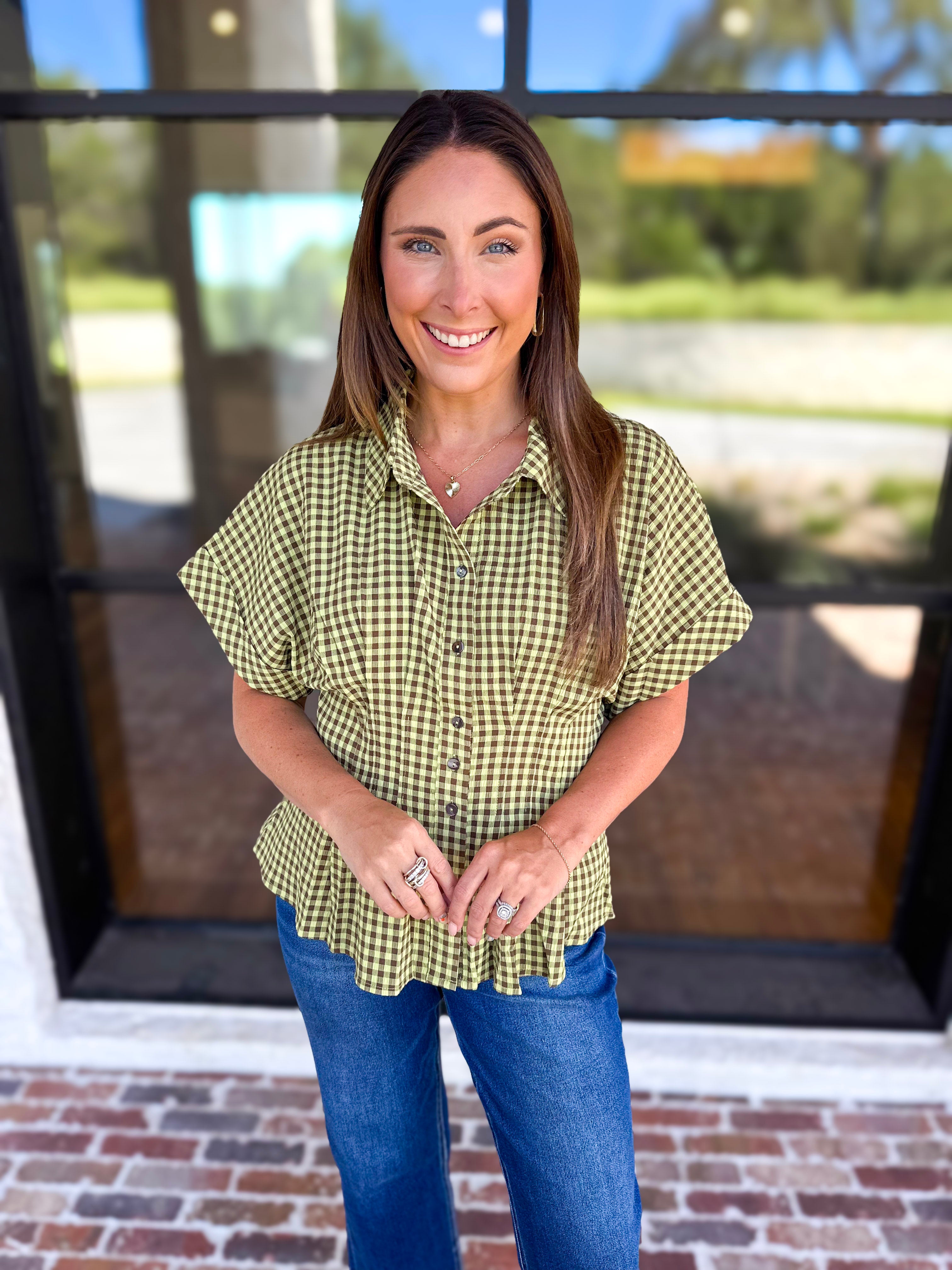Living Life Gingham Top - Matcha-200 Fashion Blouses-ENTRO-July & June Women's Fashion Boutique Located in San Antonio, Texas