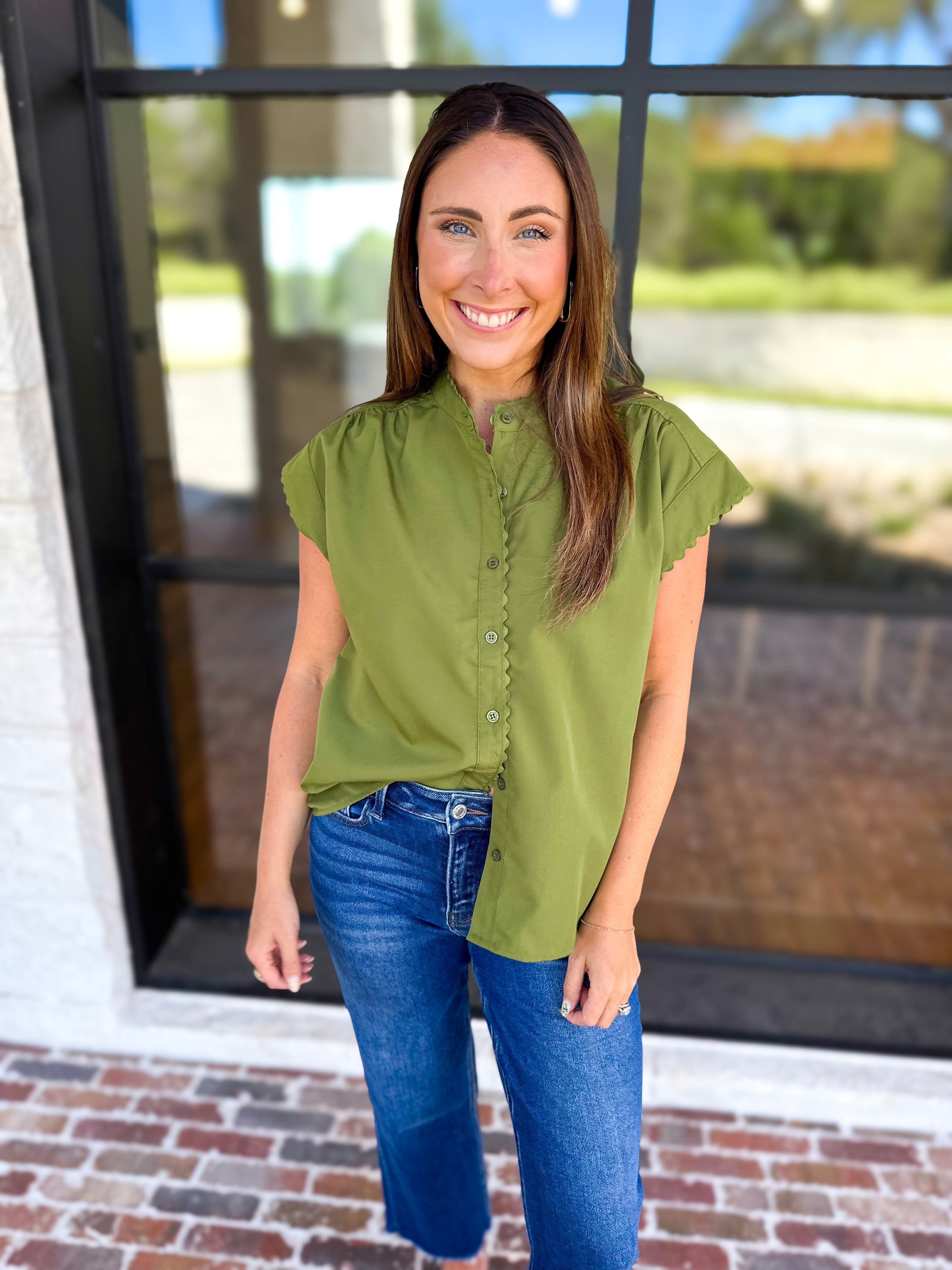Ric Rac Button Down Top - Olive-200 Fashion Blouses-ENTRO-July & June Women's Fashion Boutique Located in San Antonio, Texas