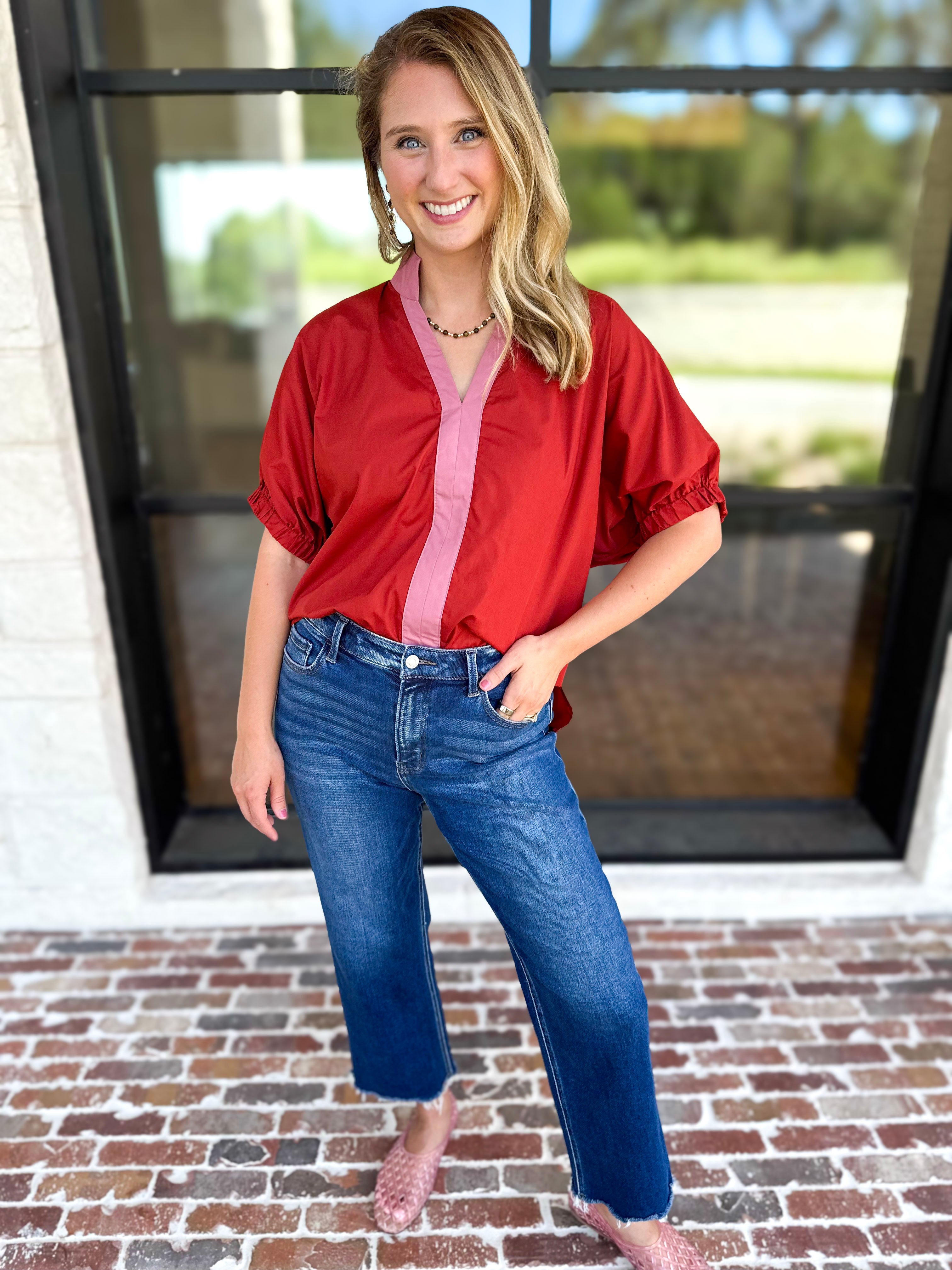 Contrast Chic Blouse - Terracotta-200 Fashion Blouses-ENTRO-July & June Women's Fashion Boutique Located in San Antonio, Texas