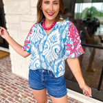 THML - Blue Watercolor Embroidered Blouse-200 Fashion Blouses-THML-July & June Women's Fashion Boutique Located in San Antonio, Texas