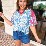 THML - Blue Watercolor Embroidered Blouse-200 Fashion Blouses-THML-July & June Women's Fashion Boutique Located in San Antonio, Texas