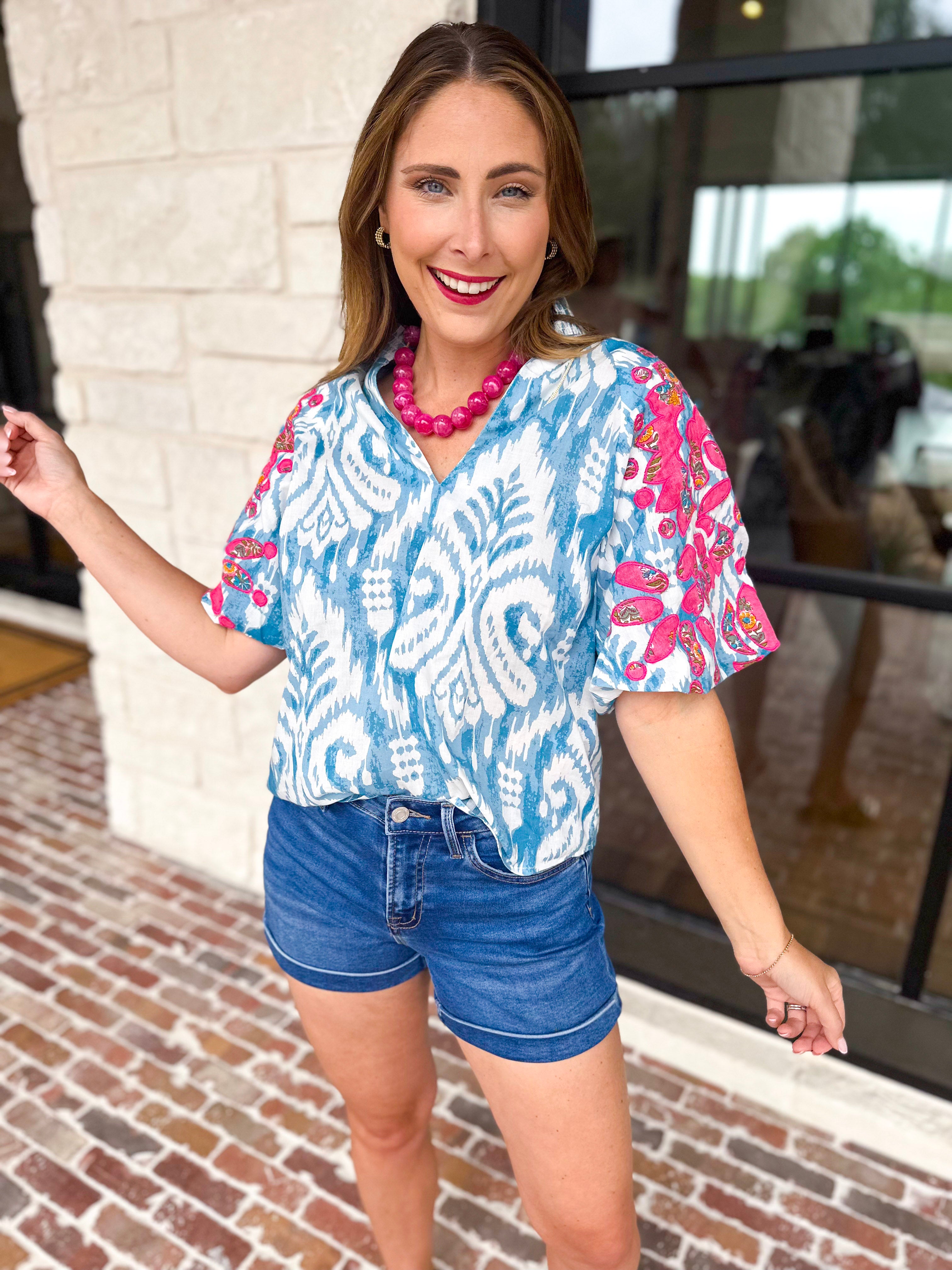 THML - Blue Watercolor Embroidered Blouse-200 Fashion Blouses-THML-July & June Women's Fashion Boutique Located in San Antonio, Texas