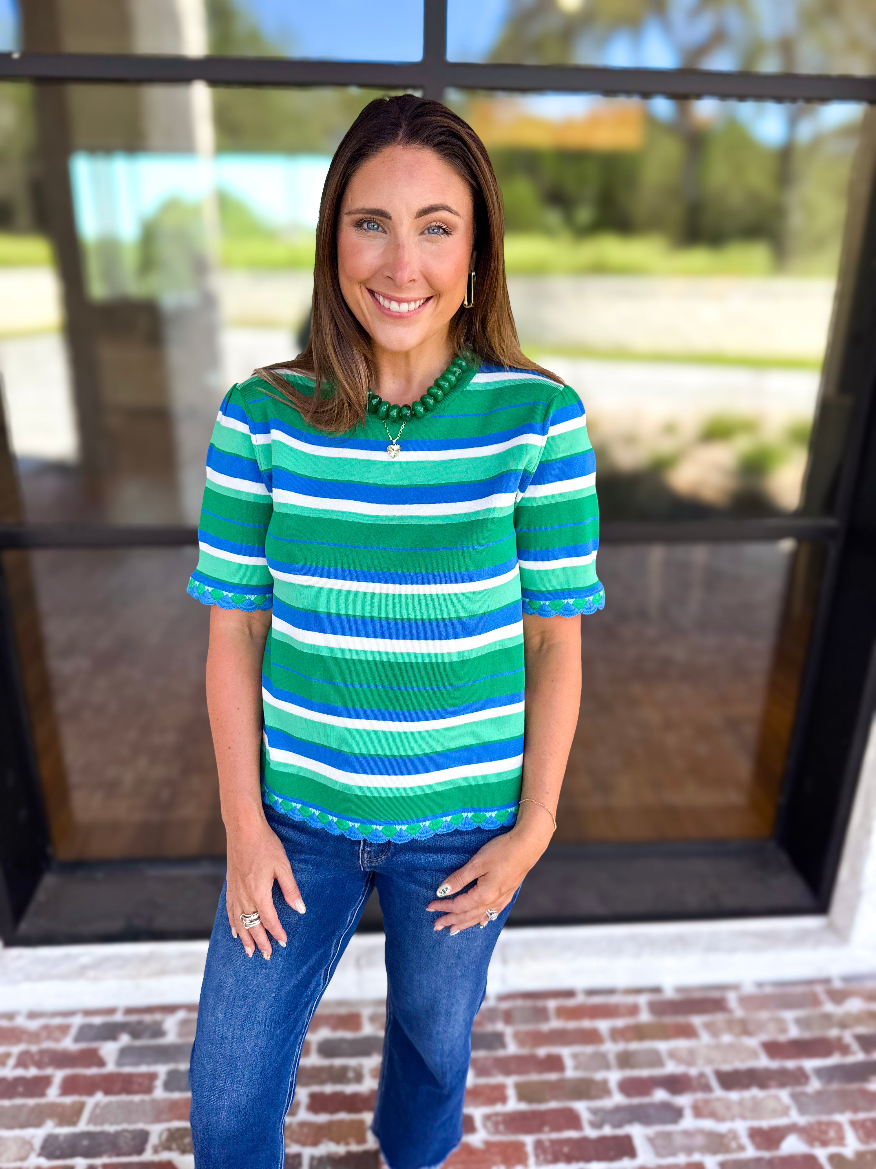 Parker Blue & Green Striped Knit Top-230 Sweaters/Cardis-STRUT & BOLT-July & June Women's Fashion Boutique Located in San Antonio, Texas