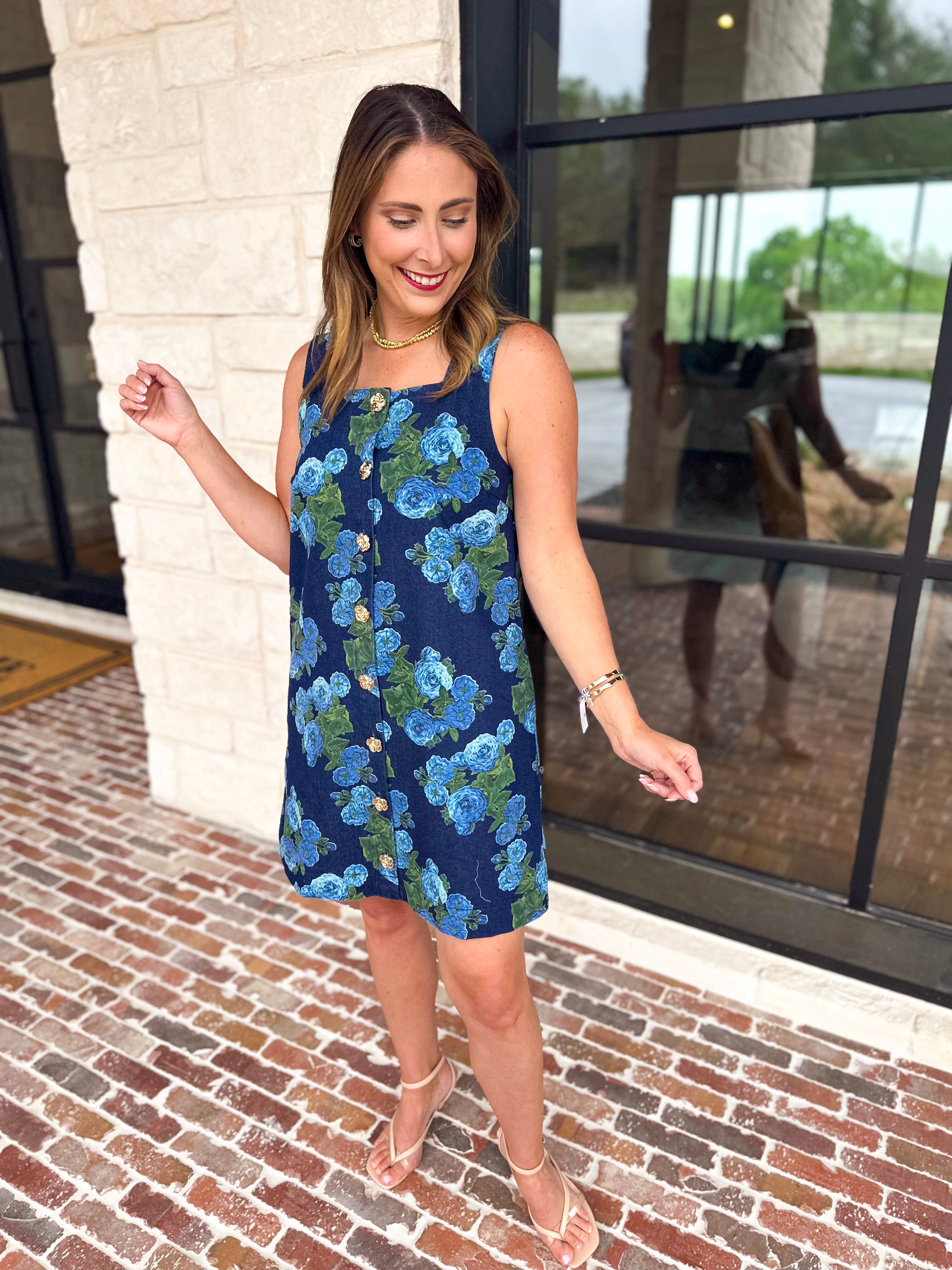 Retro Blue Floral Denim Mini Dress-510 Mini-ENTRO-July & June Women's Fashion Boutique Located in San Antonio, Texas