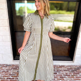 Olive Gingham & Collared Midi Dress-500 Midi-ENTRO-July & June Women's Fashion Boutique Located in San Antonio, Texas