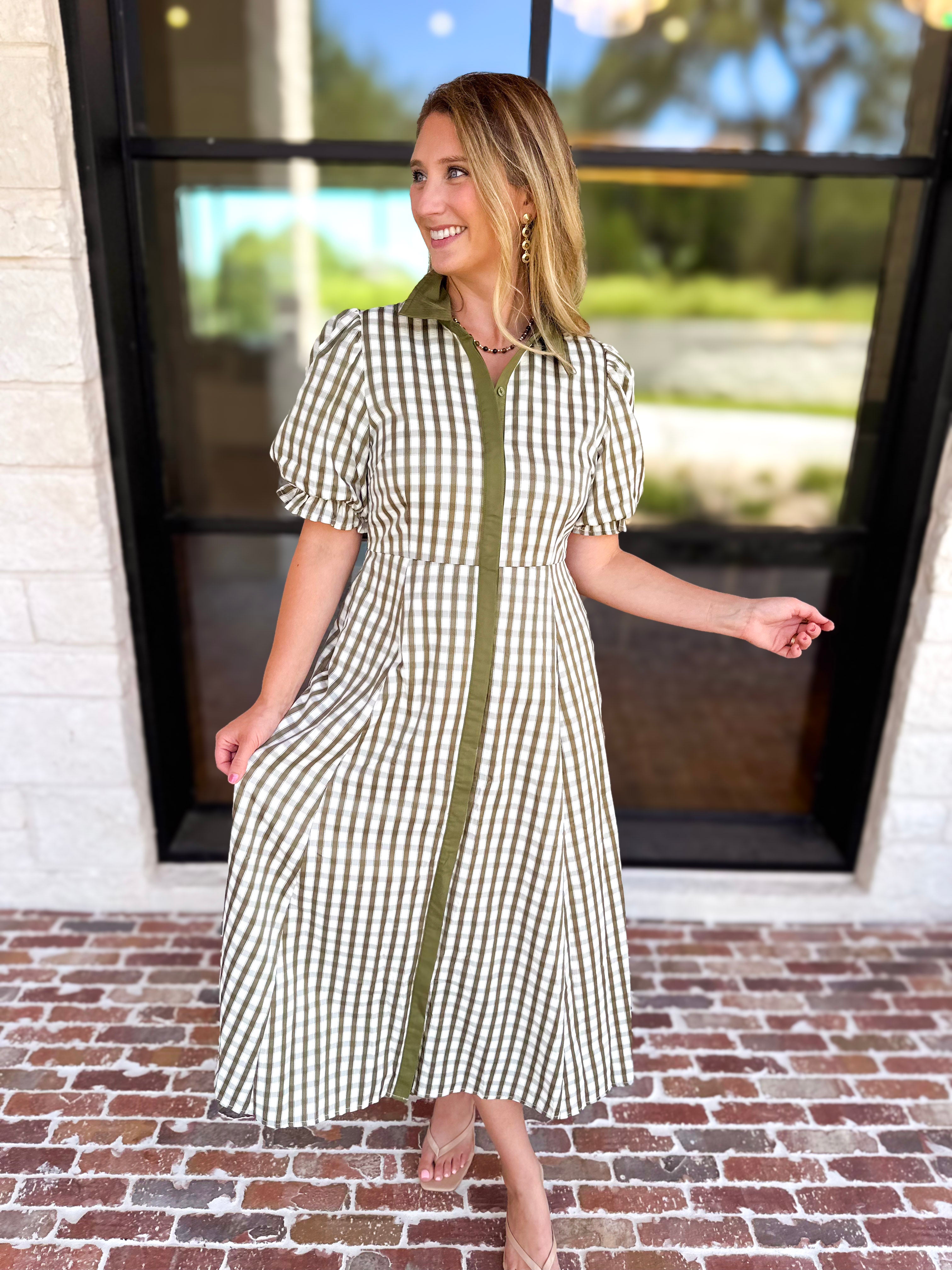 Olive Gingham & Collared Midi Dress-500 Midi-ENTRO-July & June Women's Fashion Boutique Located in San Antonio, Texas