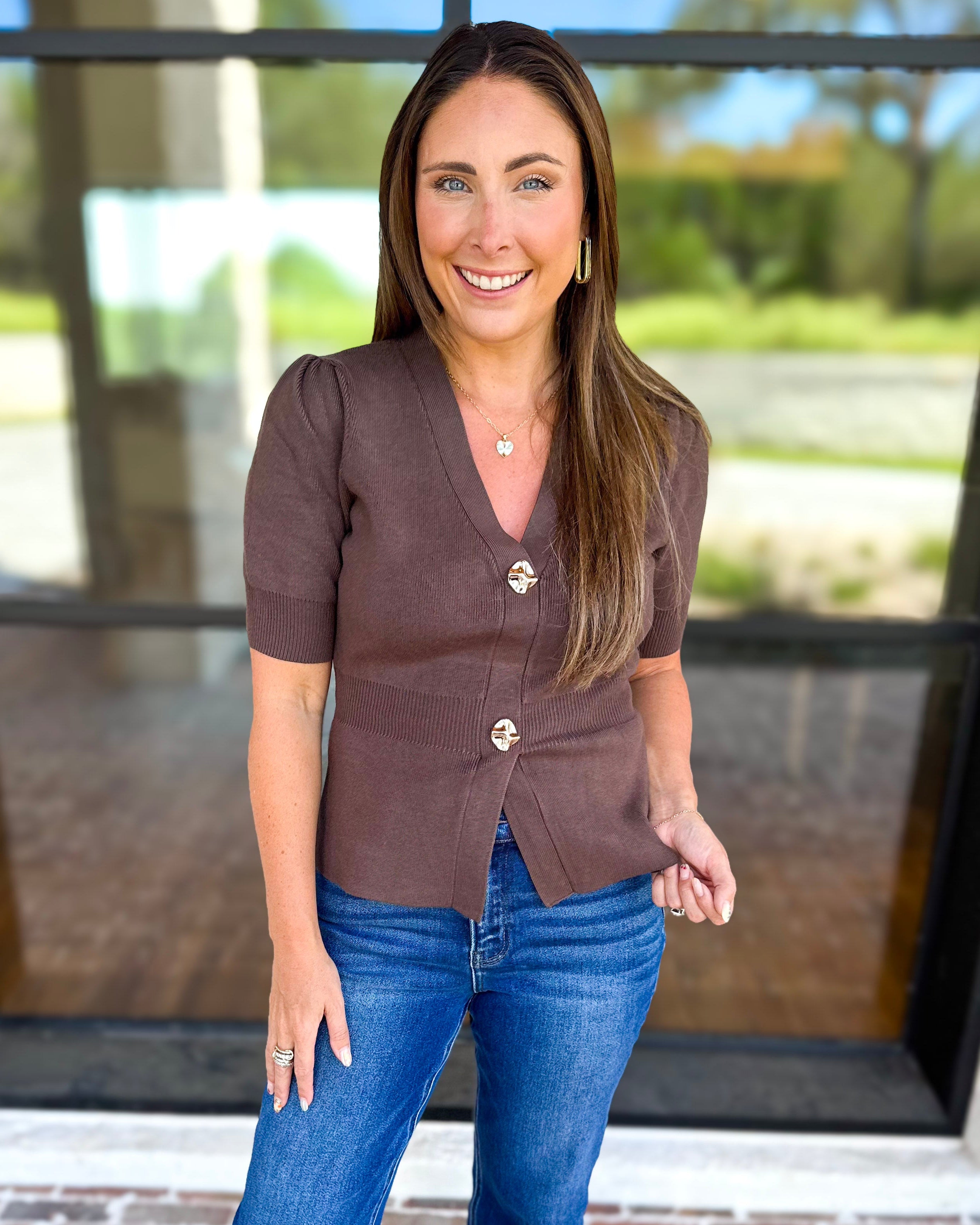 Posh Peplum Knit Blouse - Chocolate-230 Sweaters/Cardis-SKIES ARE BLUE-July & June Women's Fashion Boutique Located in San Antonio, Texas