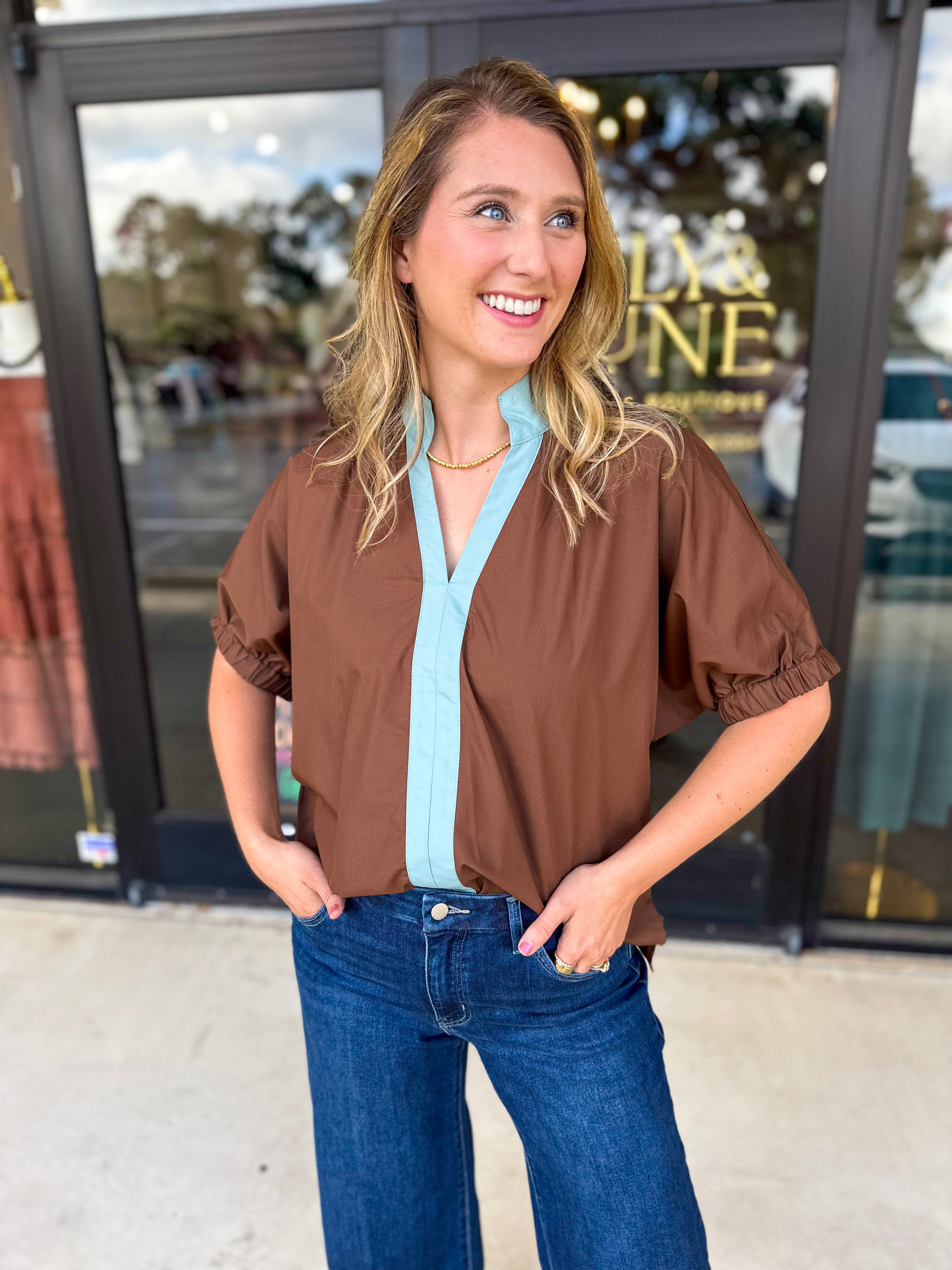 Contrast Chic Blouse - Cocoa Sky-200 Fashion Blouses-ENTRO-July & June Women's Fashion Boutique Located in San Antonio, Texas