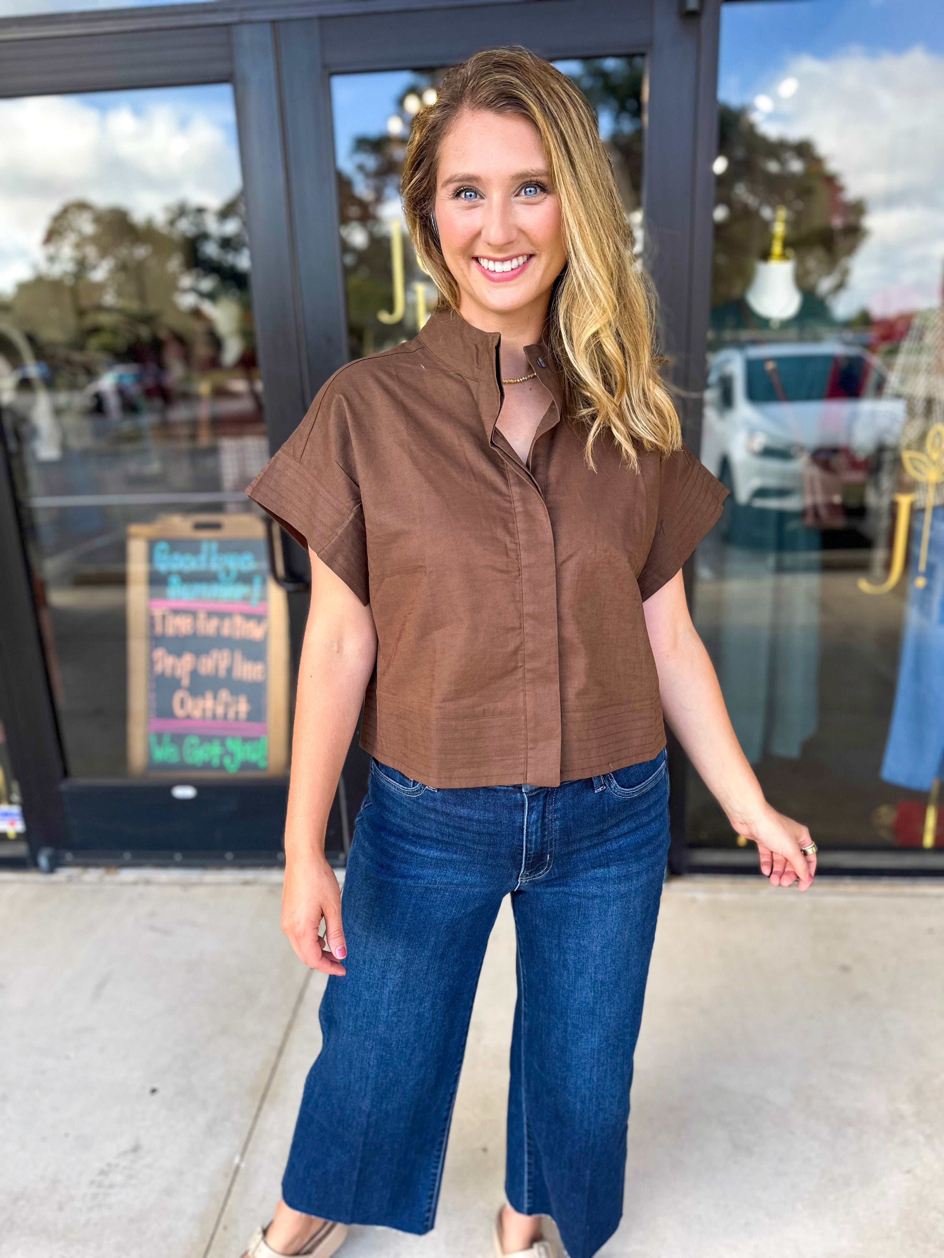 Chic Boxy Blouse - Brown-200 Fashion Blouses-ENTRO-July & June Women's Fashion Boutique Located in San Antonio, Texas