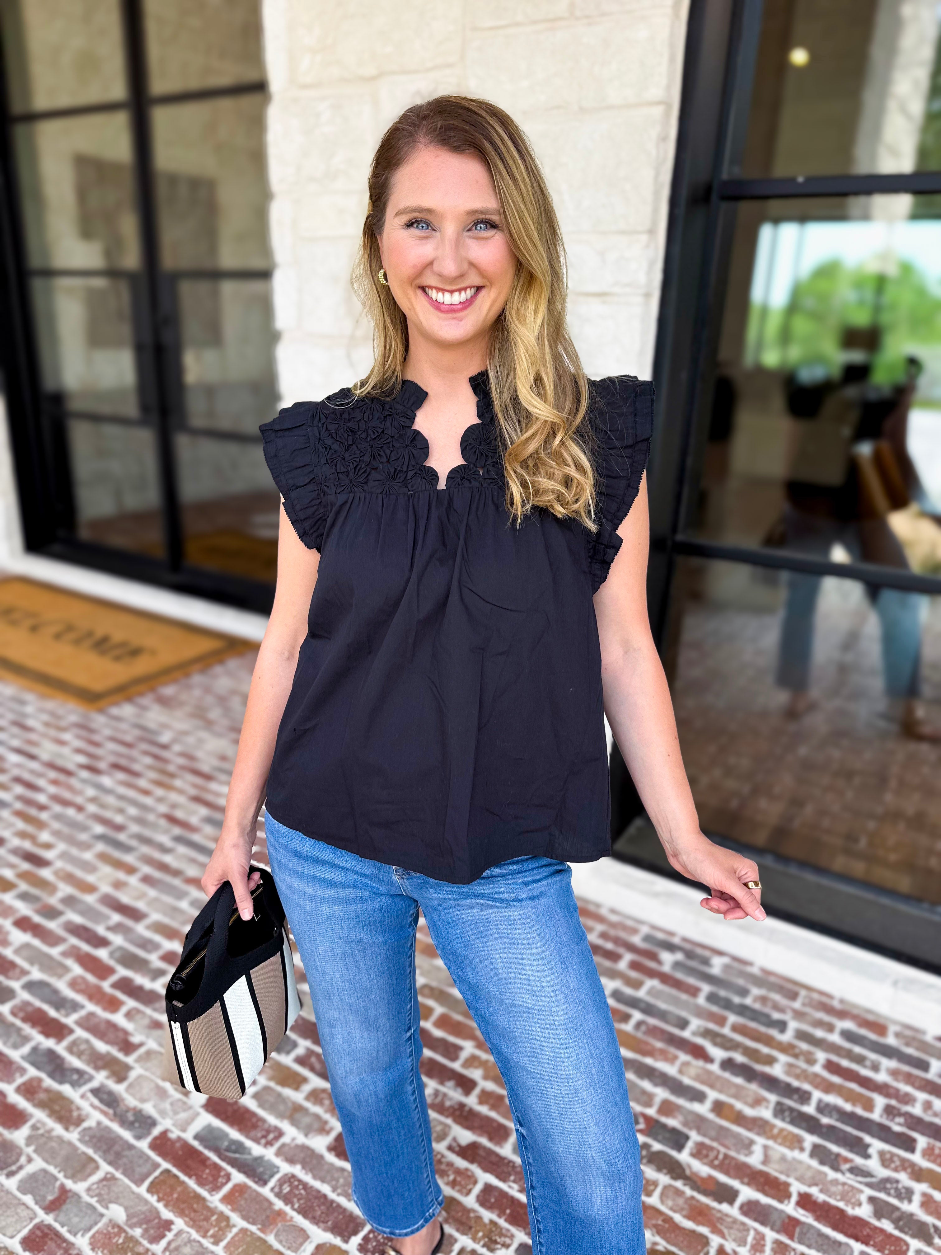 THML - Black Flutter Sleeve Blouse-200 Fashion Blouses-THML-July & June Women's Fashion Boutique Located in San Antonio, Texas